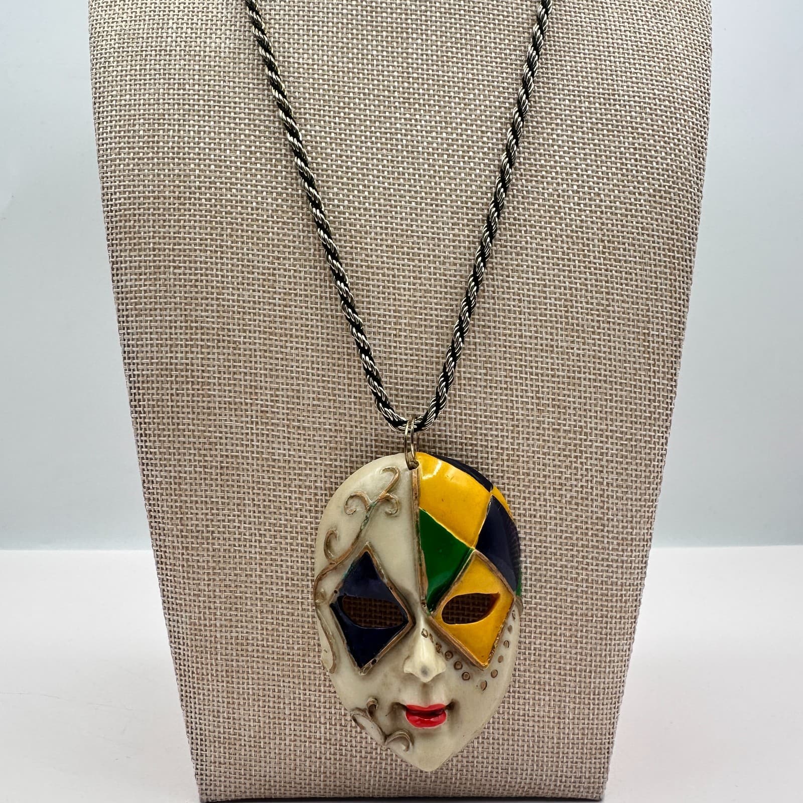 Vintage 80s Harlequin Mask Pendant Necklace Rope Chain Multi Color Gold Tone