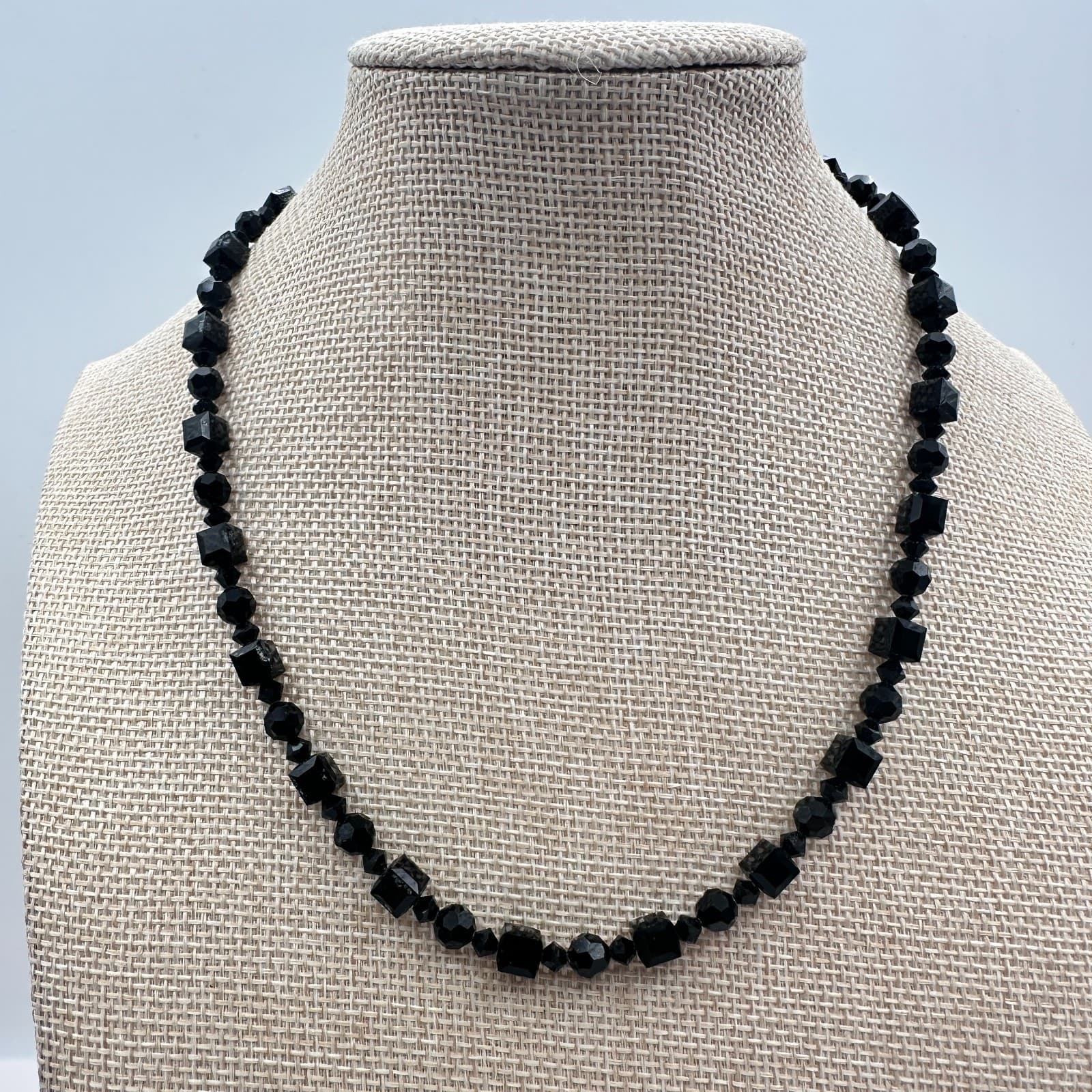 Vintage 80s Beaded Strand Necklace Glass Cube Round Multi Shape Black