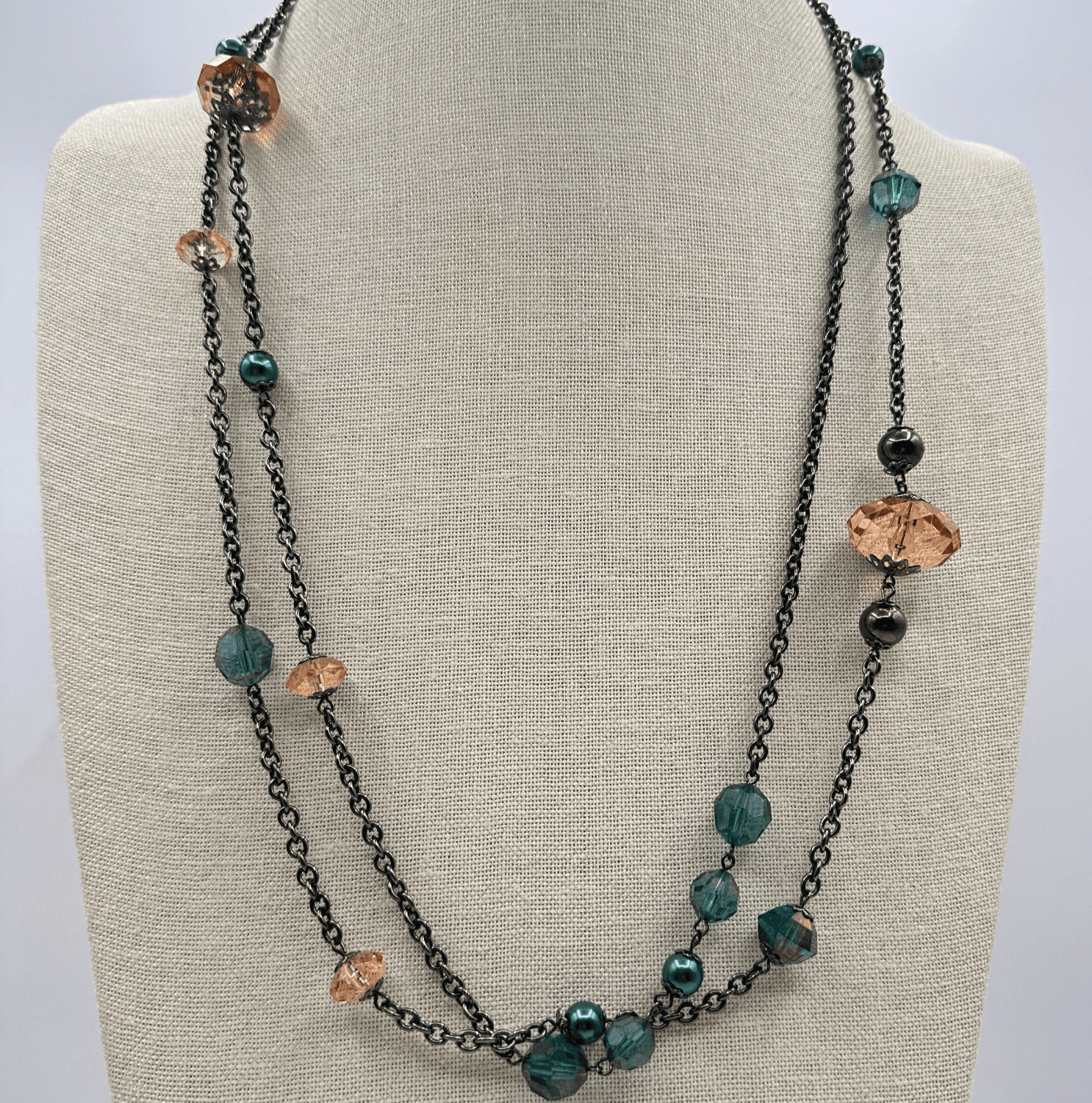 Vintage 80s Women Necklace Long Double Strand Glass Bead Gunmetal Tone Green