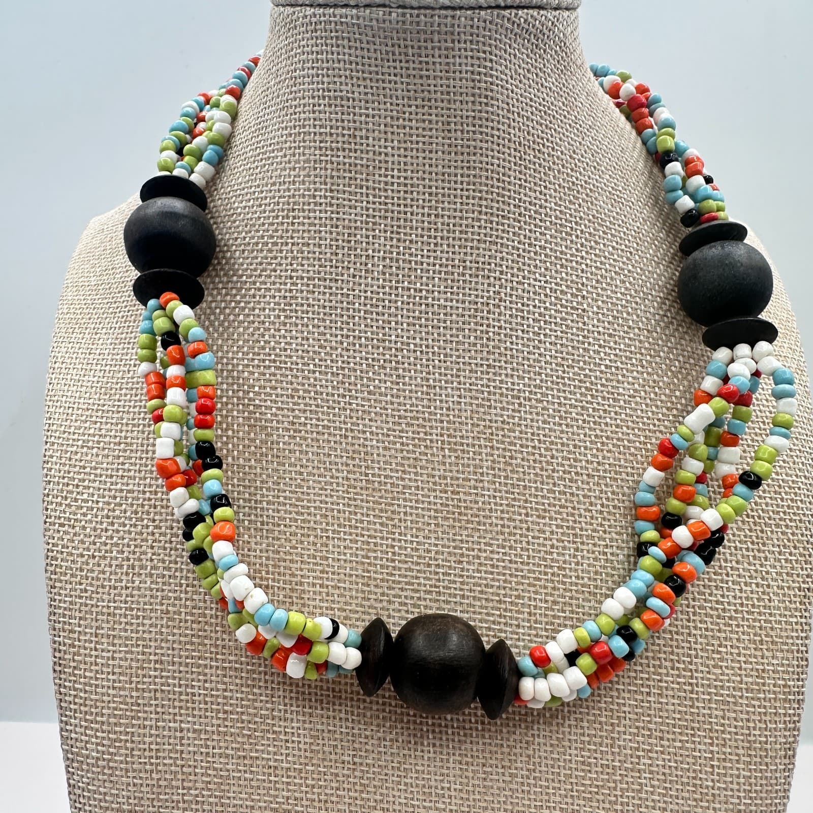 Vintage 90s Colorful Multi Strand Glass Wood Bead Statement Necklace Jewelry