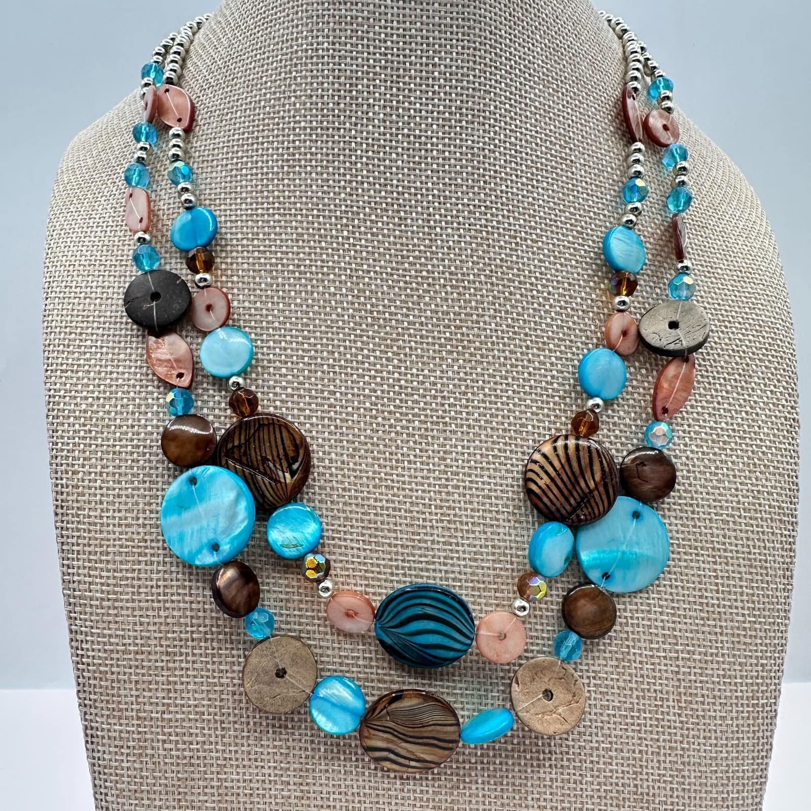 Vintage 80s Women Necklace Layered Blue Brown Wood Glass Beaded Boho Jewelry