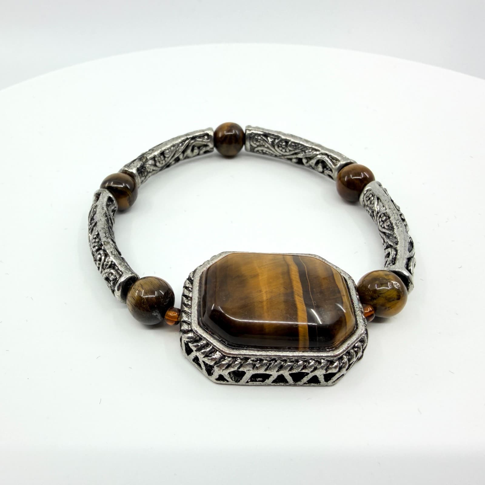 Vintage Silver Tone Faux Tiger's Eye Stretch Bracelet Filigree Link Statement