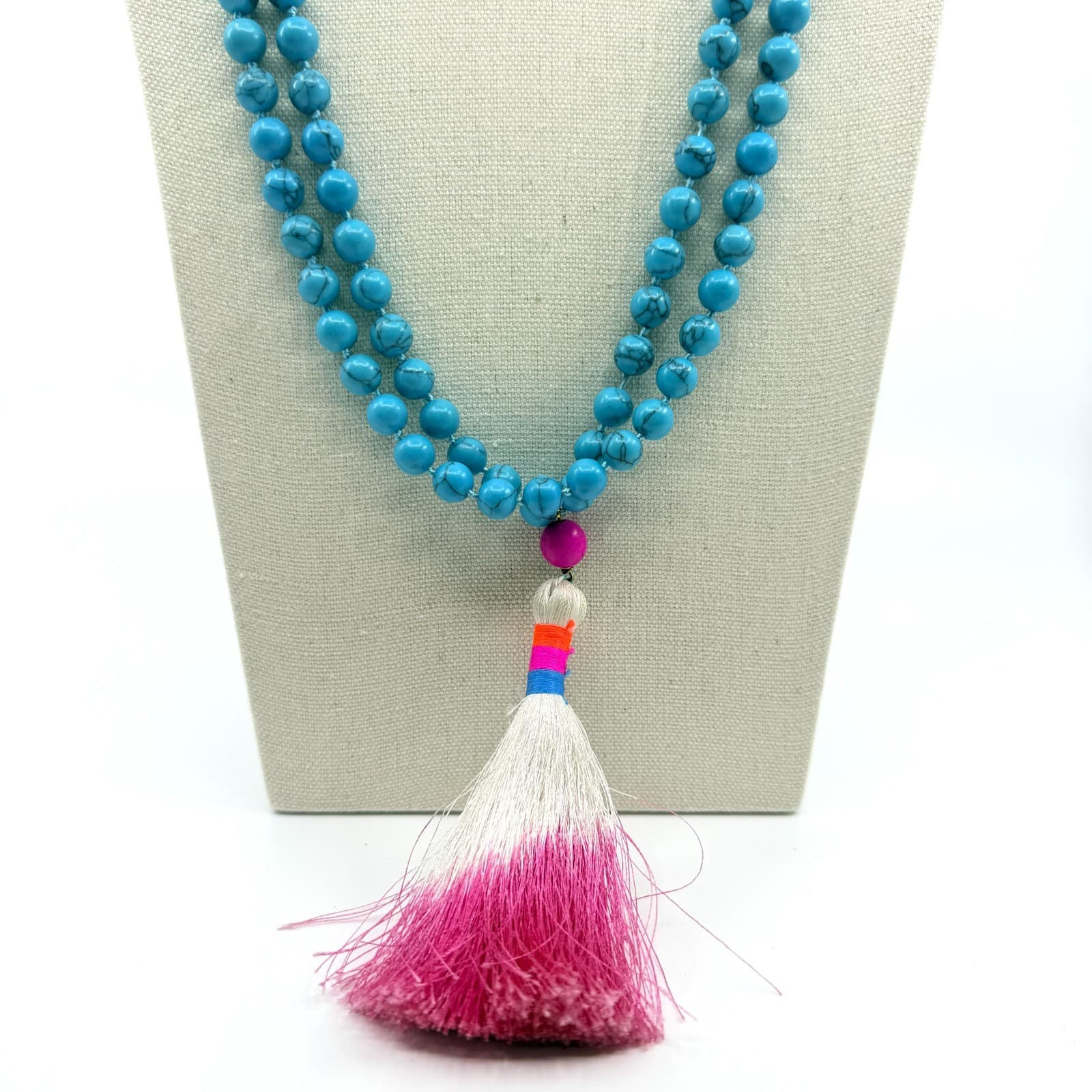 Vintage Turquoise Tone Mala Bead Necklace Long 108 Prayer Tassel Boho Yoga Y2K