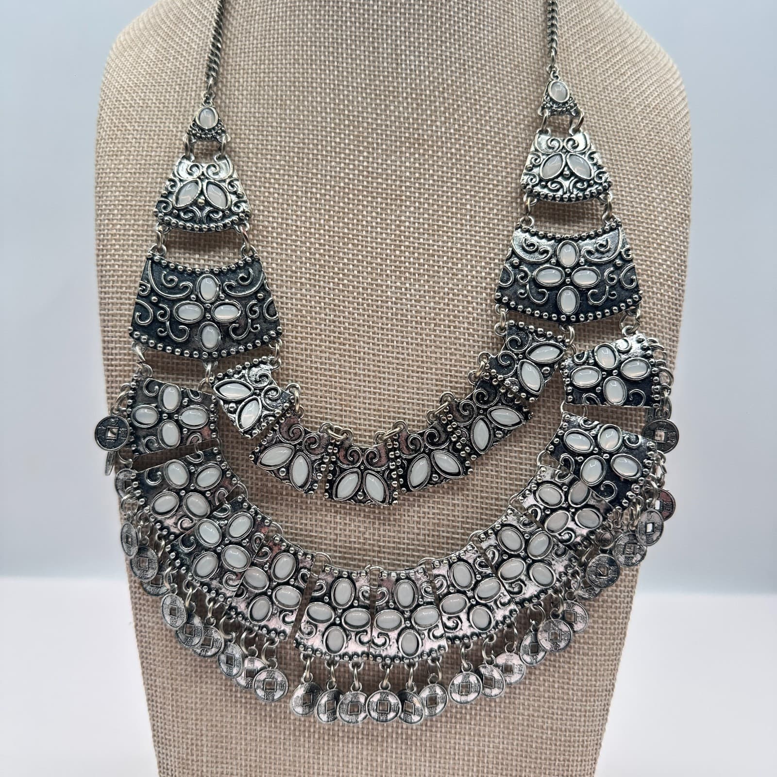 Vintage 80s Boho Tribal Necklace Silver Tone White Stone Coin Dangle