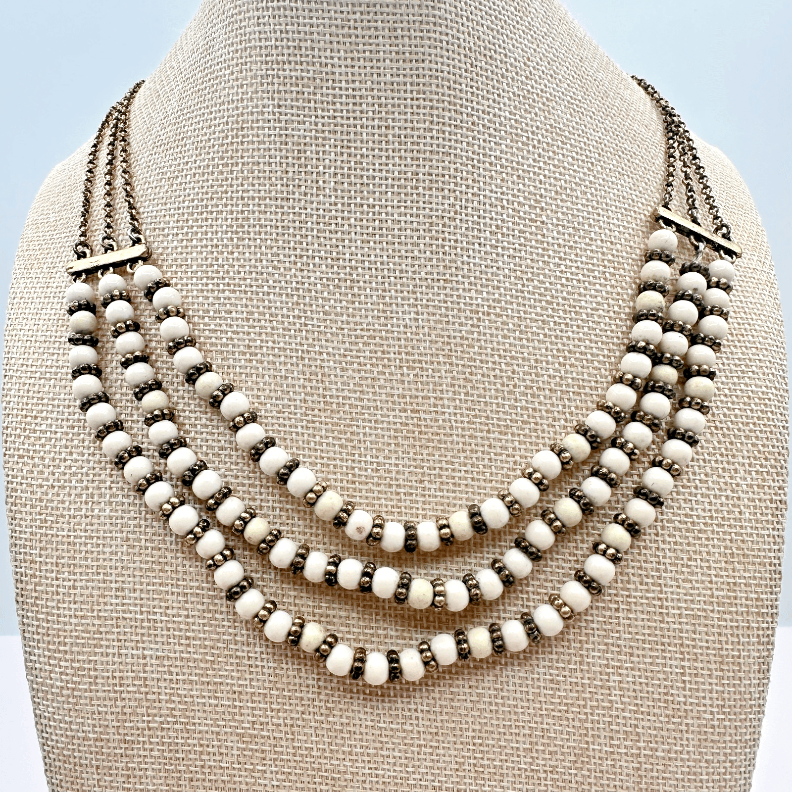 Vintage Lucky Brand 90s Multi-Strand White Beaded Necklace Gold Tone Jewelry