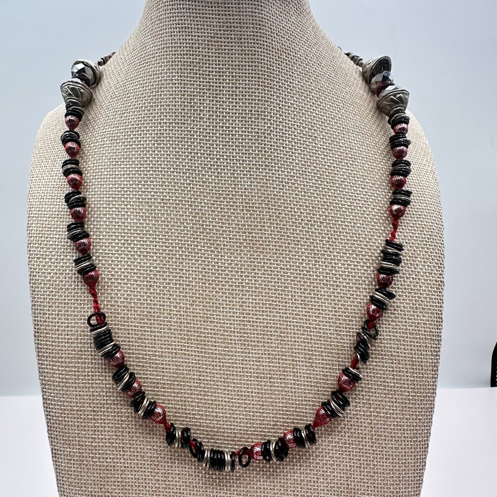 Vintage 90s Mixed Media Necklace Silver Tone Boho Goth Fashion Women's Jewelry
