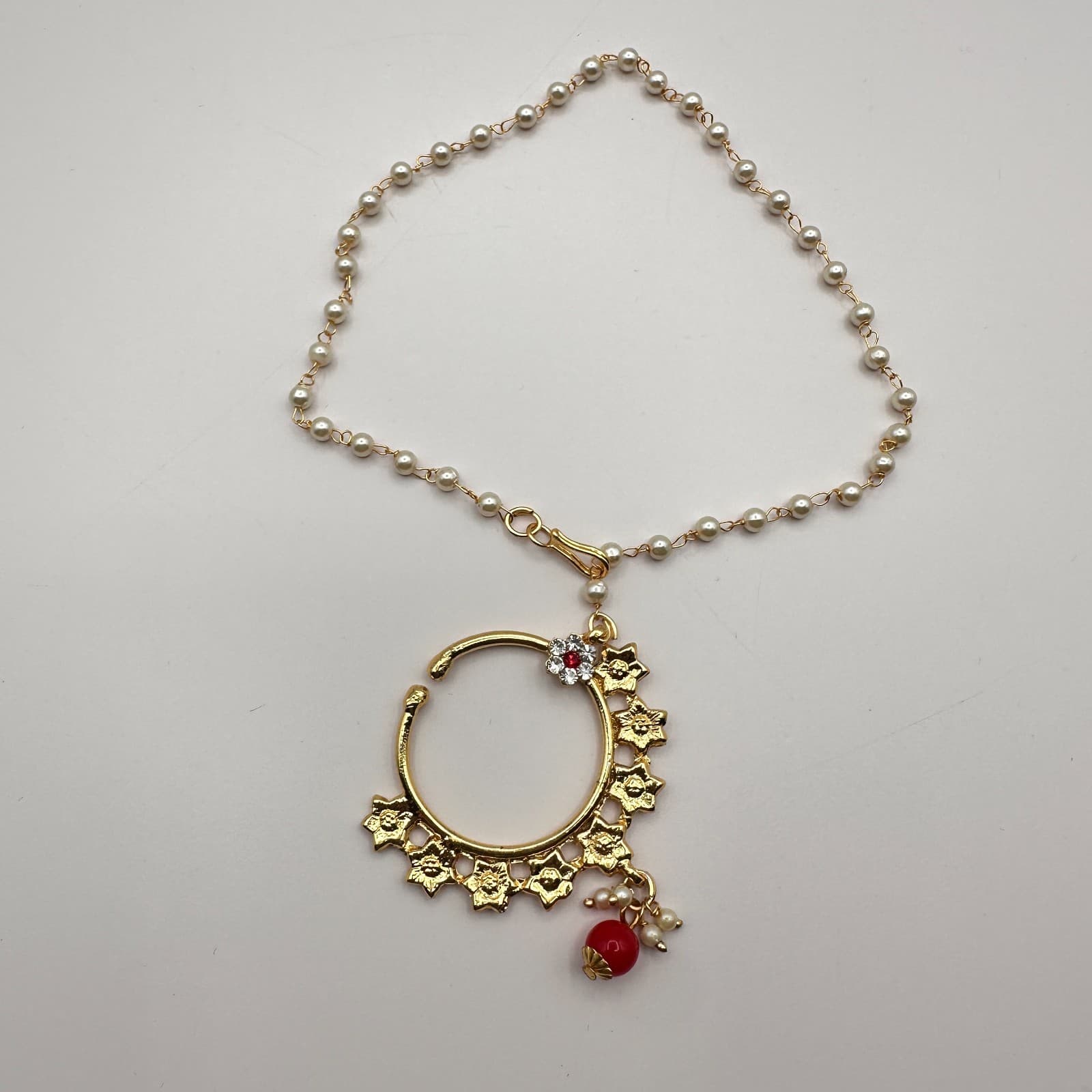 Vintage 90s Nath Indian Bridal Nose Ring Gold Tone Red & White Glass Pearl