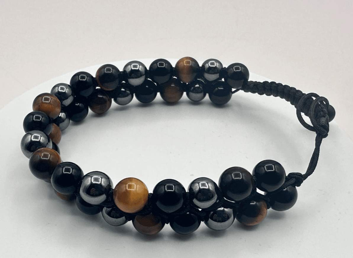 Vintage Y2K Tigers Eye Black Obsidian Beaded Shamballa Bracelet Unisex Jewelry