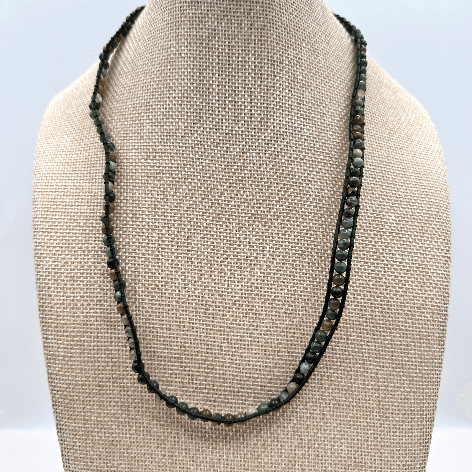 Vintage 90s Necklace Agate Glass Ball Bead Black Leather Boho Women's Jewelry