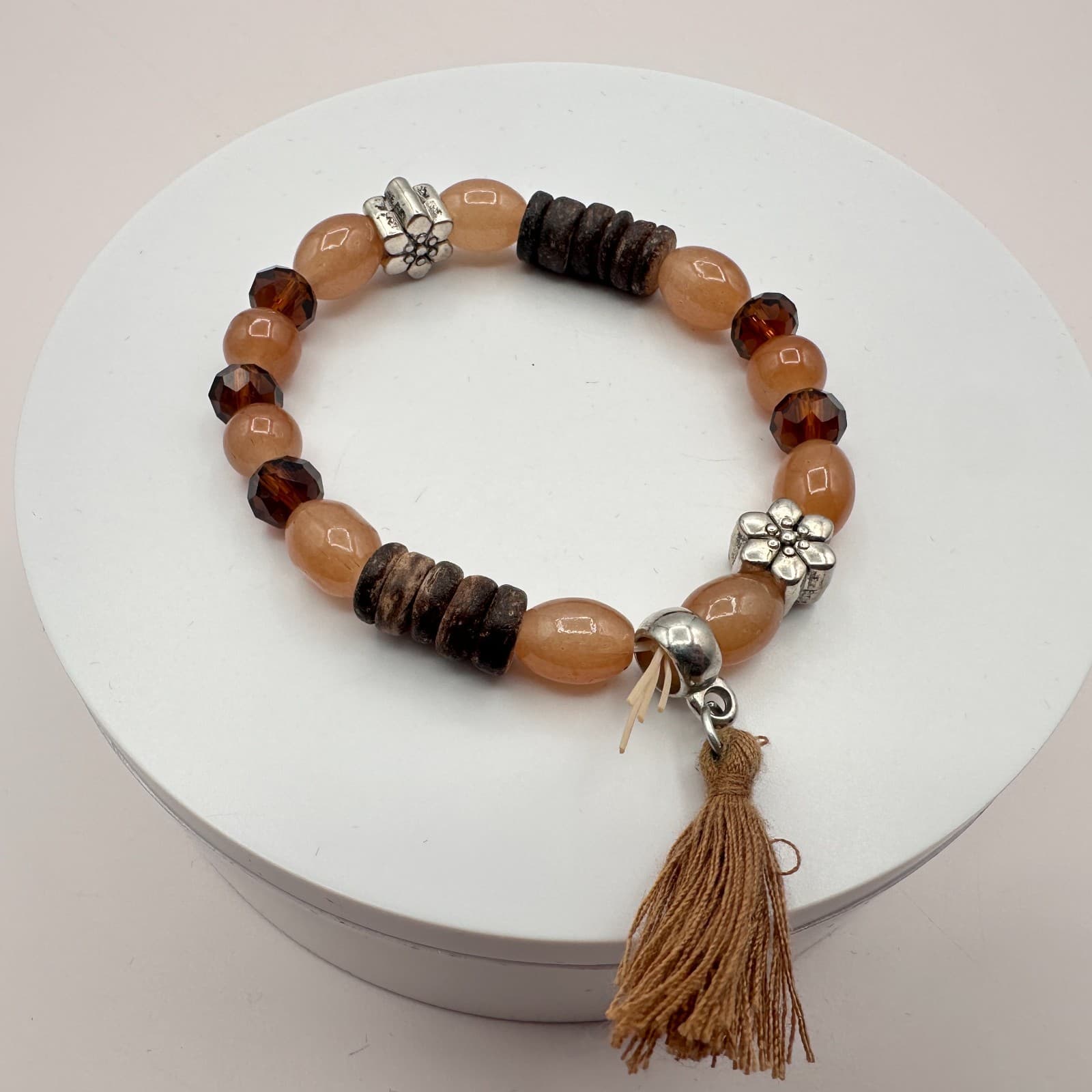 Vintage Y2K Women's Brown Wood & Peach Beaded Tassel Statement Stretch Bracelet