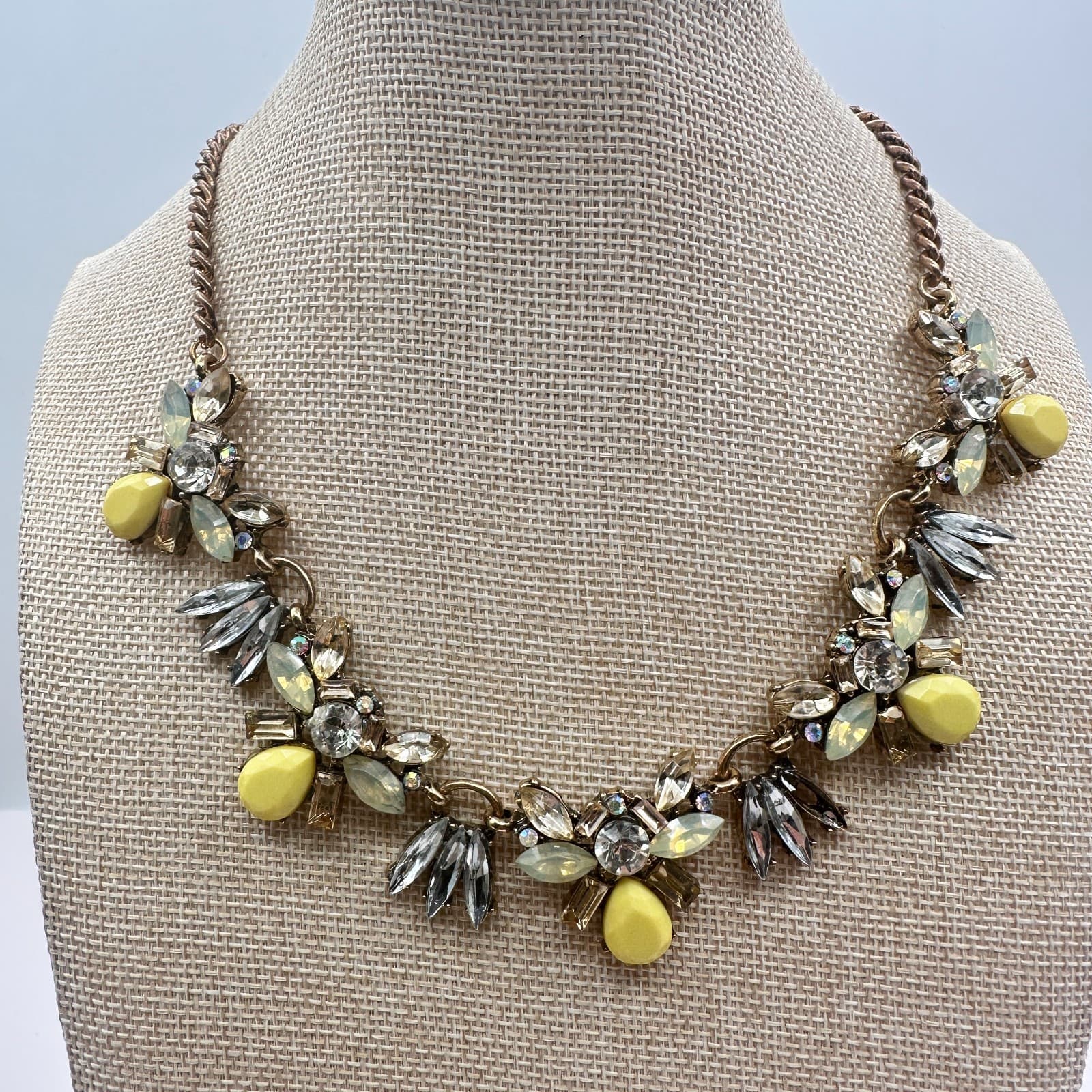 Vintage 80s Bohemian Yellow Gemstone Statement Bib Necklace Gold Tone Jewelry