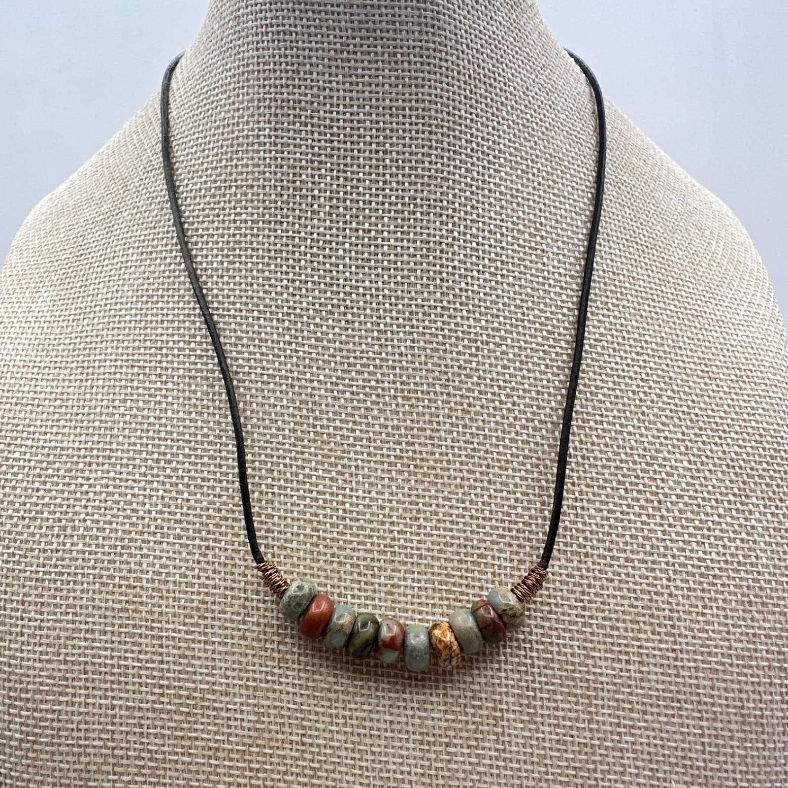Vintage Y2K Brass Tone Beaded Necklace Leather Cord Women's Classic Jewelry