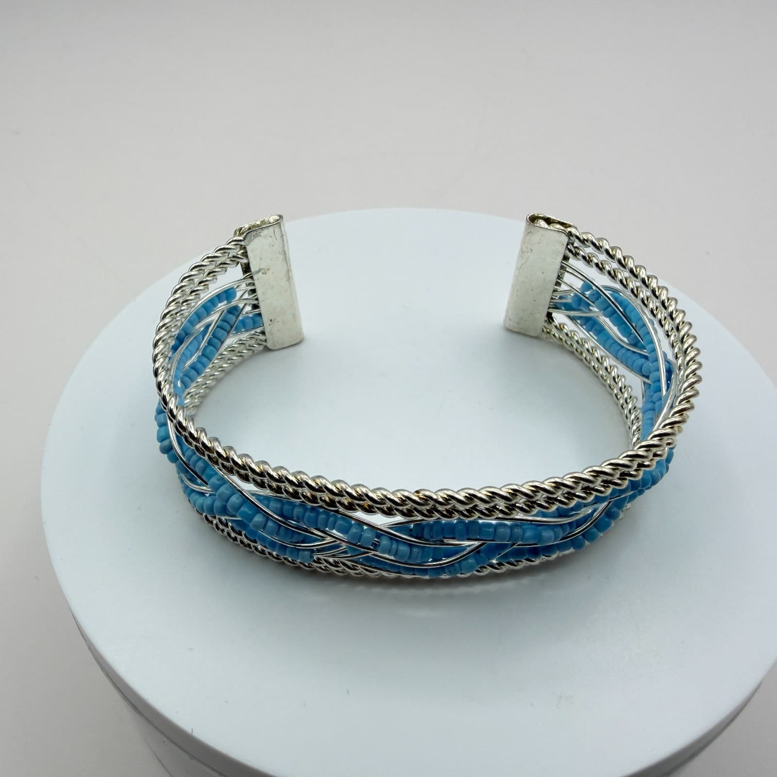 Vintage Y2K Silver Tone Braided Blue Seed Beaded Cuff Bracelet Women's Jewelry