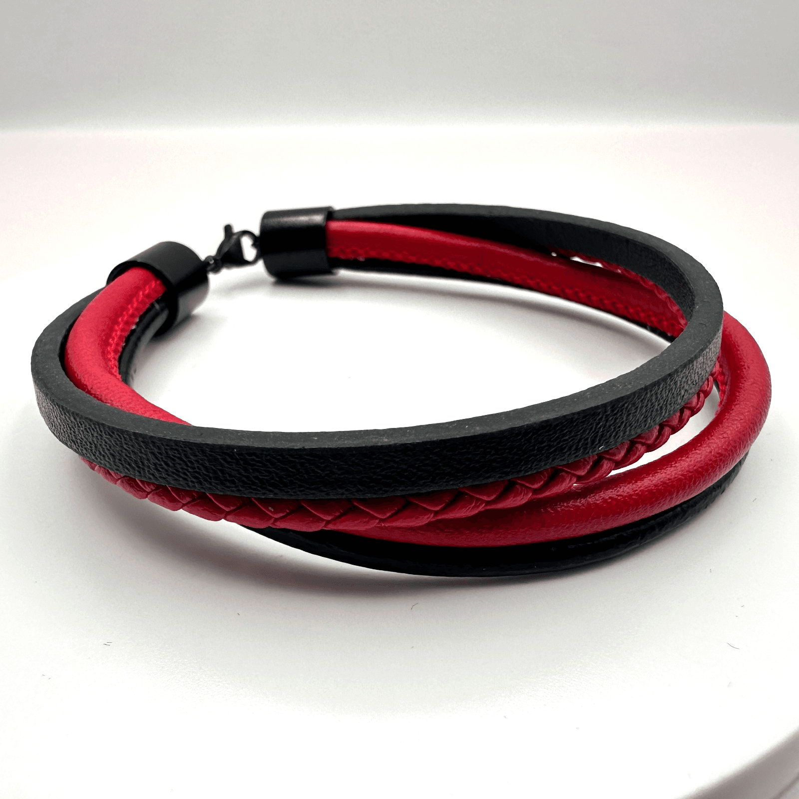 Vintage 90s Red Black Multi Strand Leather Braided Cord Bracelet Unisex Jewelry