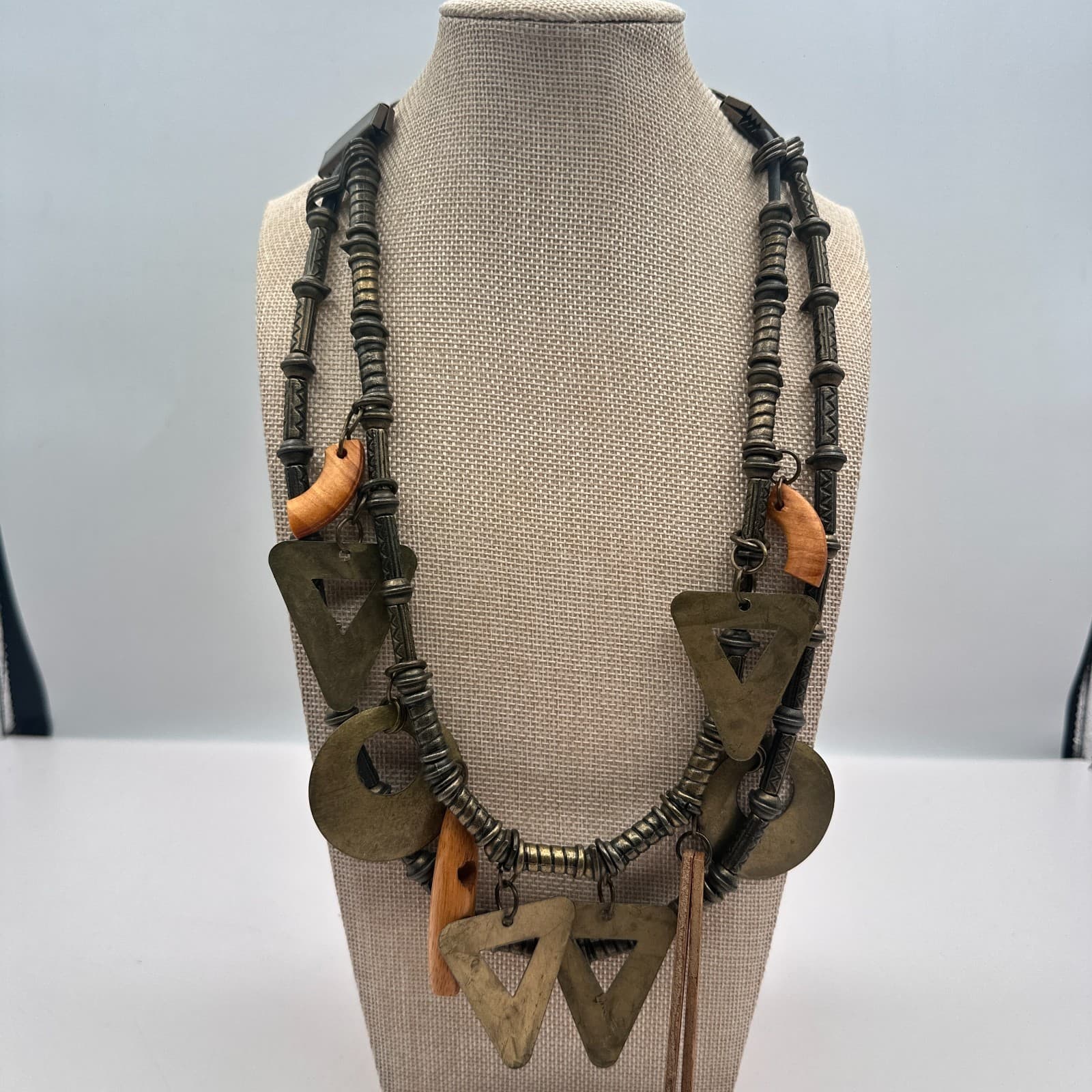 Vintage Y2 Bronze Tone Geometric Charm Double Strand Statement Necklace Jewelry