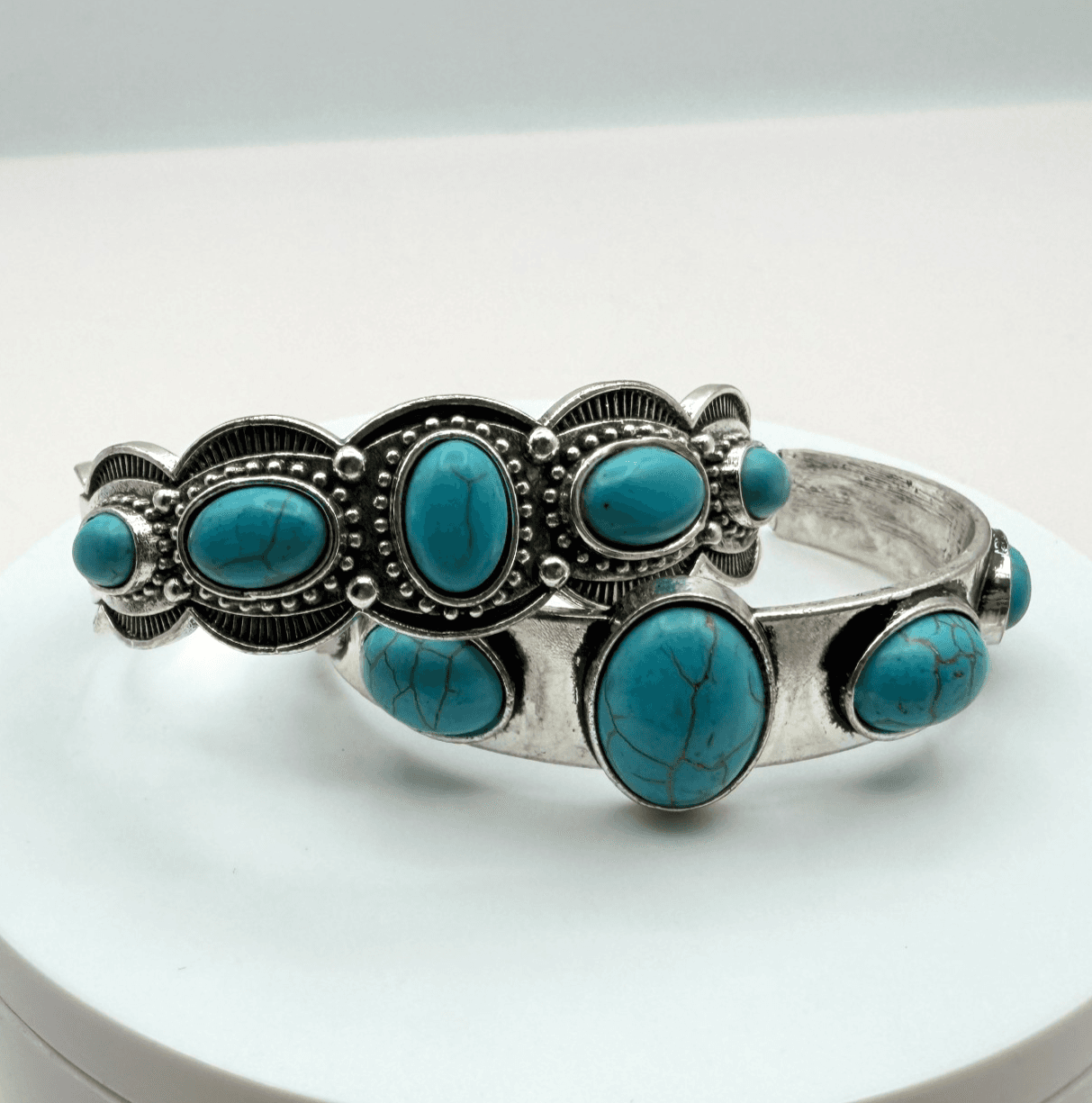 Vintage Y2K Silver Tone Turquoise Beaded Cuff Bracelet Set Boho Women's Jewelry