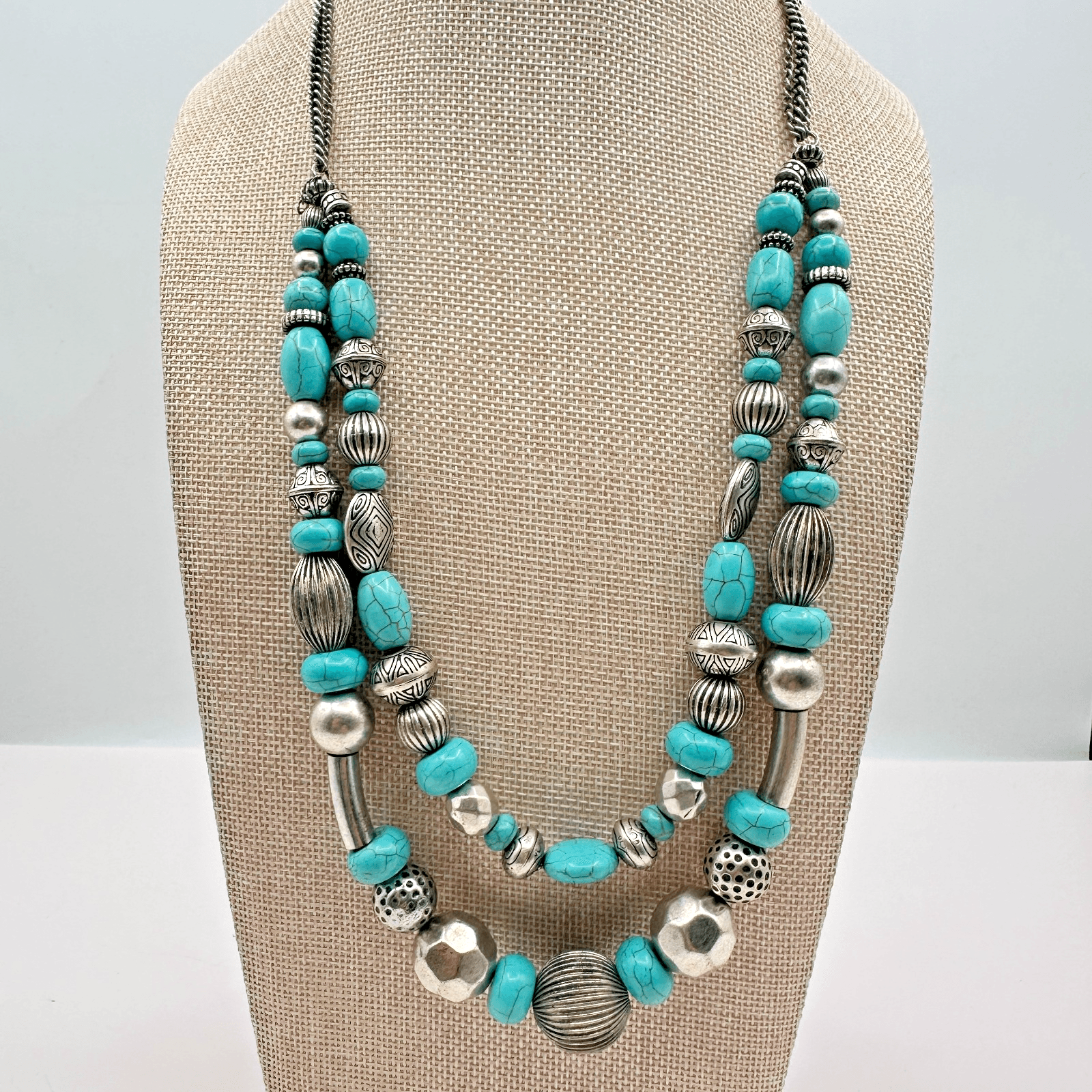 Vintage 90s Silver Tone Faux Turquoise Beaded Double Stand Necklace Jewelry