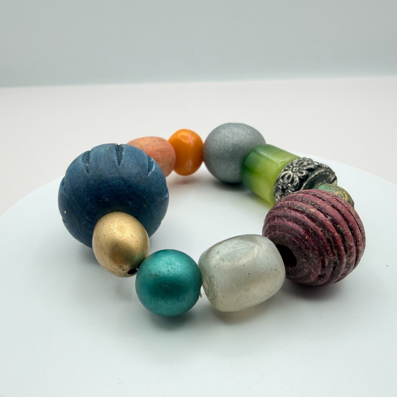 Vinatge Y2K Artisan Bead Bracelet Featuring Central Blue Bead Statement Jewelry