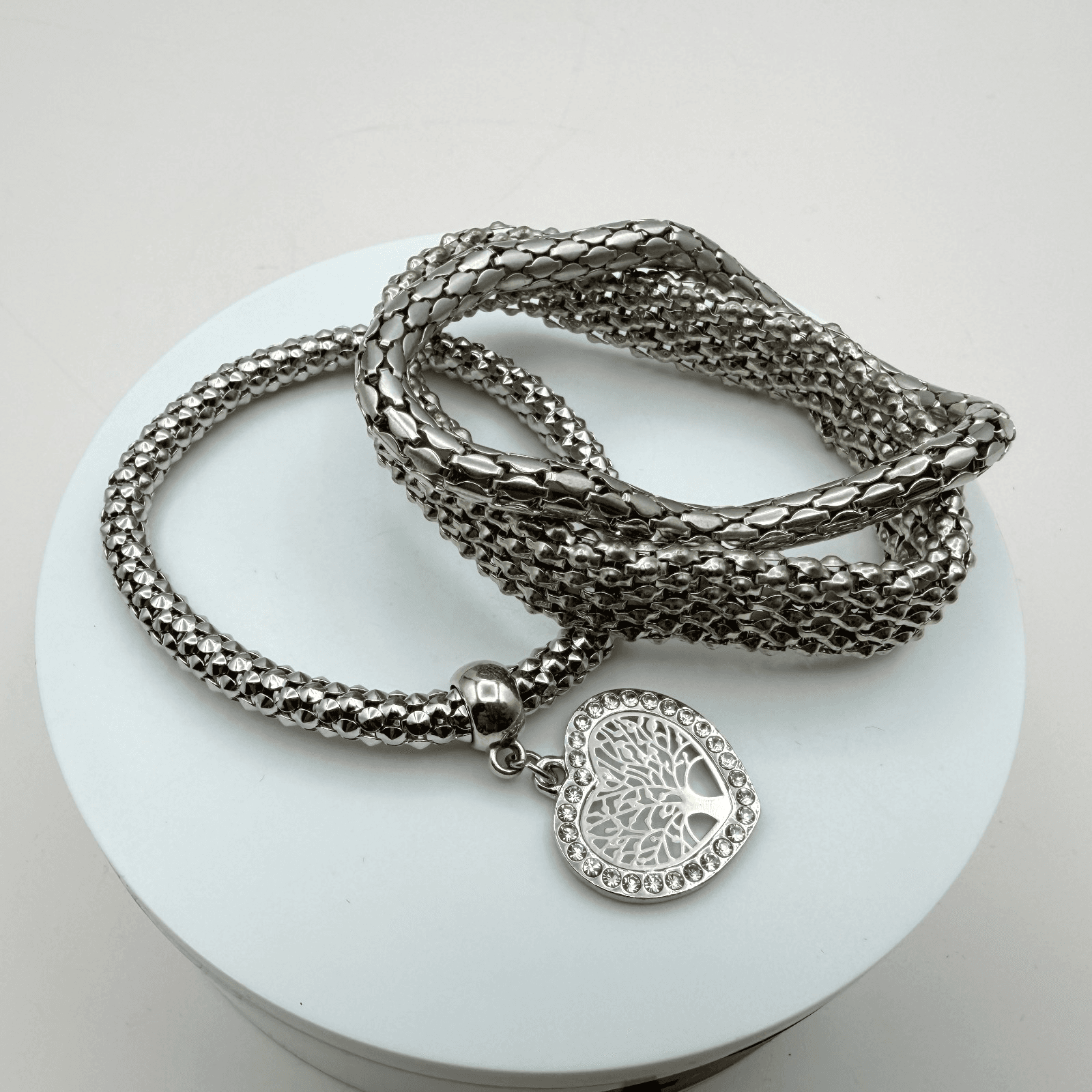 Vintage Y2K Silver Tone Tree of Life Heart Charm Mesh Bracelet Women's Jewelry