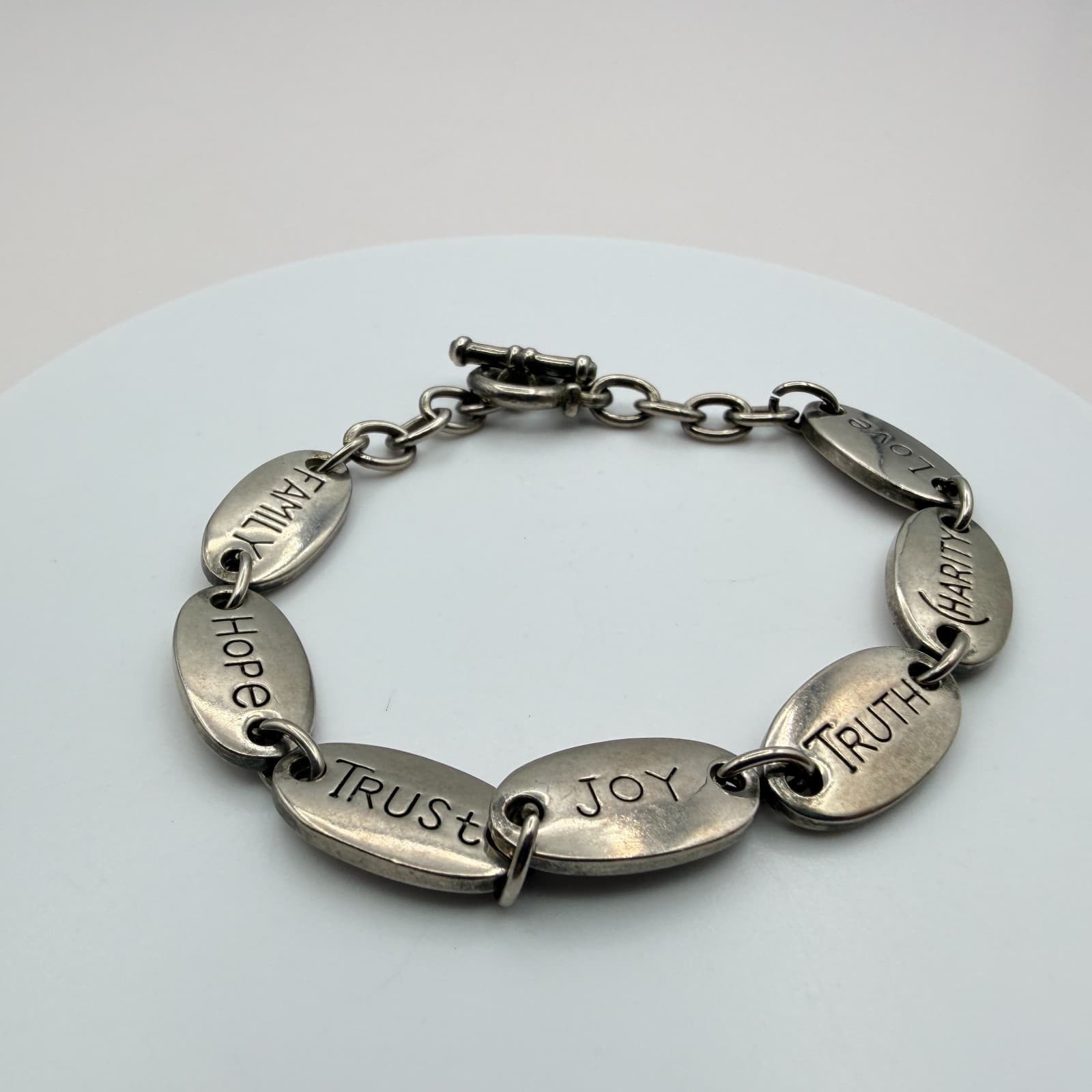 Vintage 90s Silver Tone Inspirational Message Oval Link Bracelet Fashion Jewelry