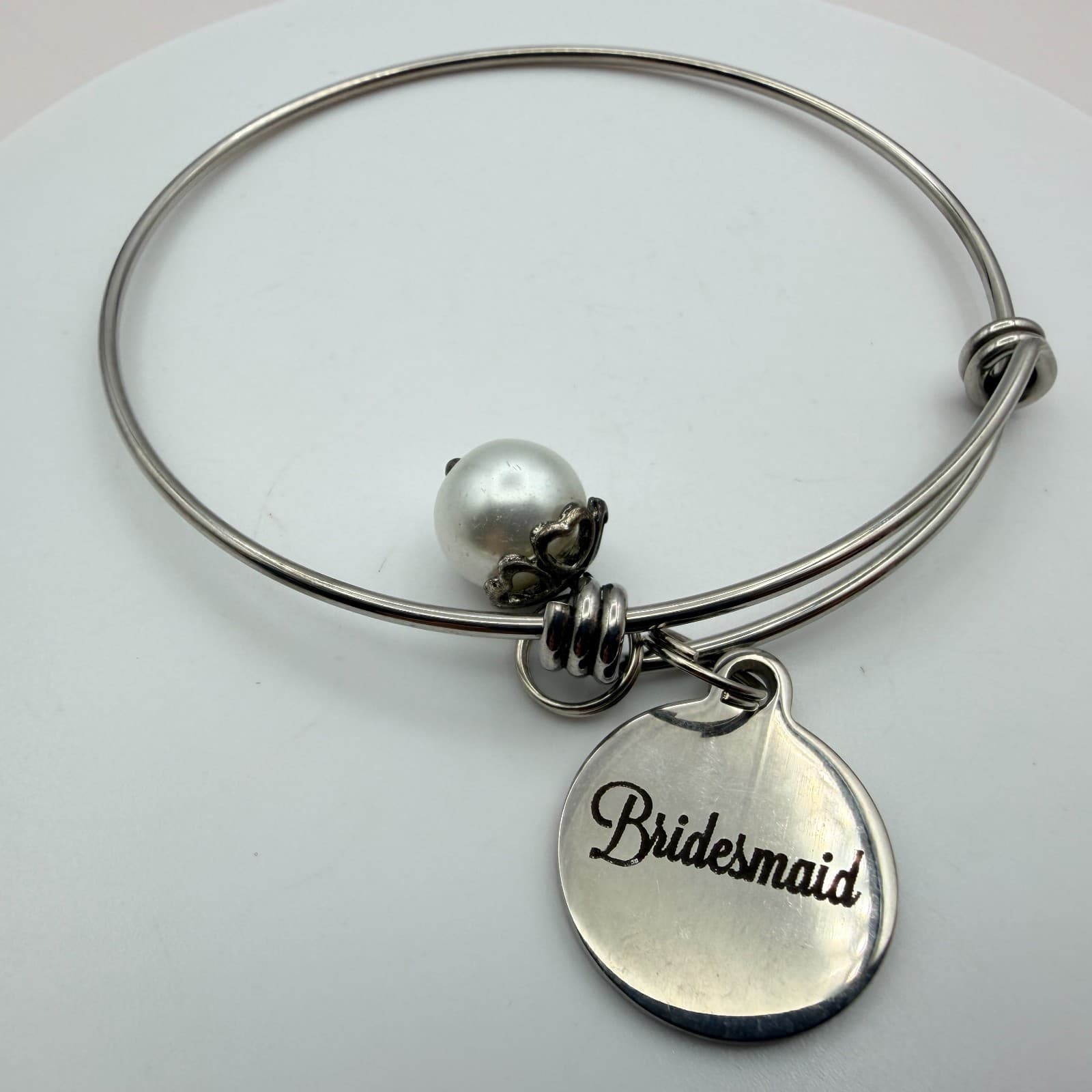 Vintage 90s Bridesmaid Silver Tone Expandable Bangle Bracelet Faux Pearl Charm