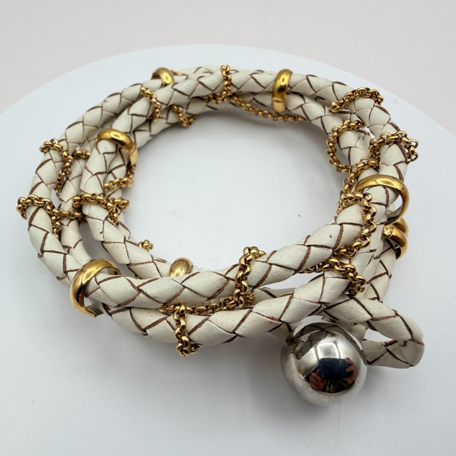 Vintage 90s White Gold Tone Multi Wrap Bracelet Braided Leather Women's Jewelry