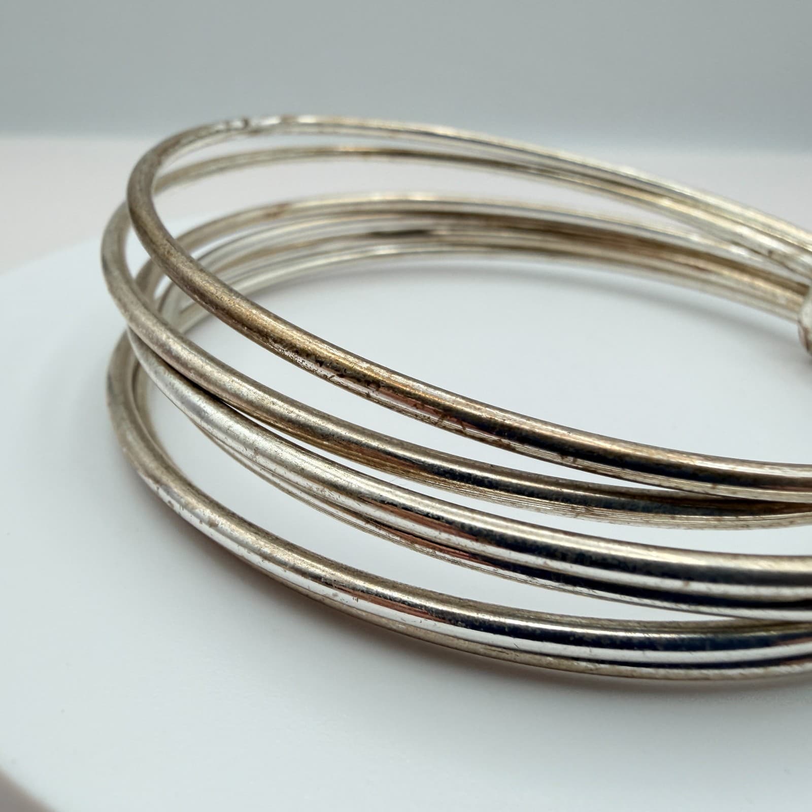 Vintage 80s Silver Tone Multi Strand Bangle Bracelet Tarnished Finish Jewelry