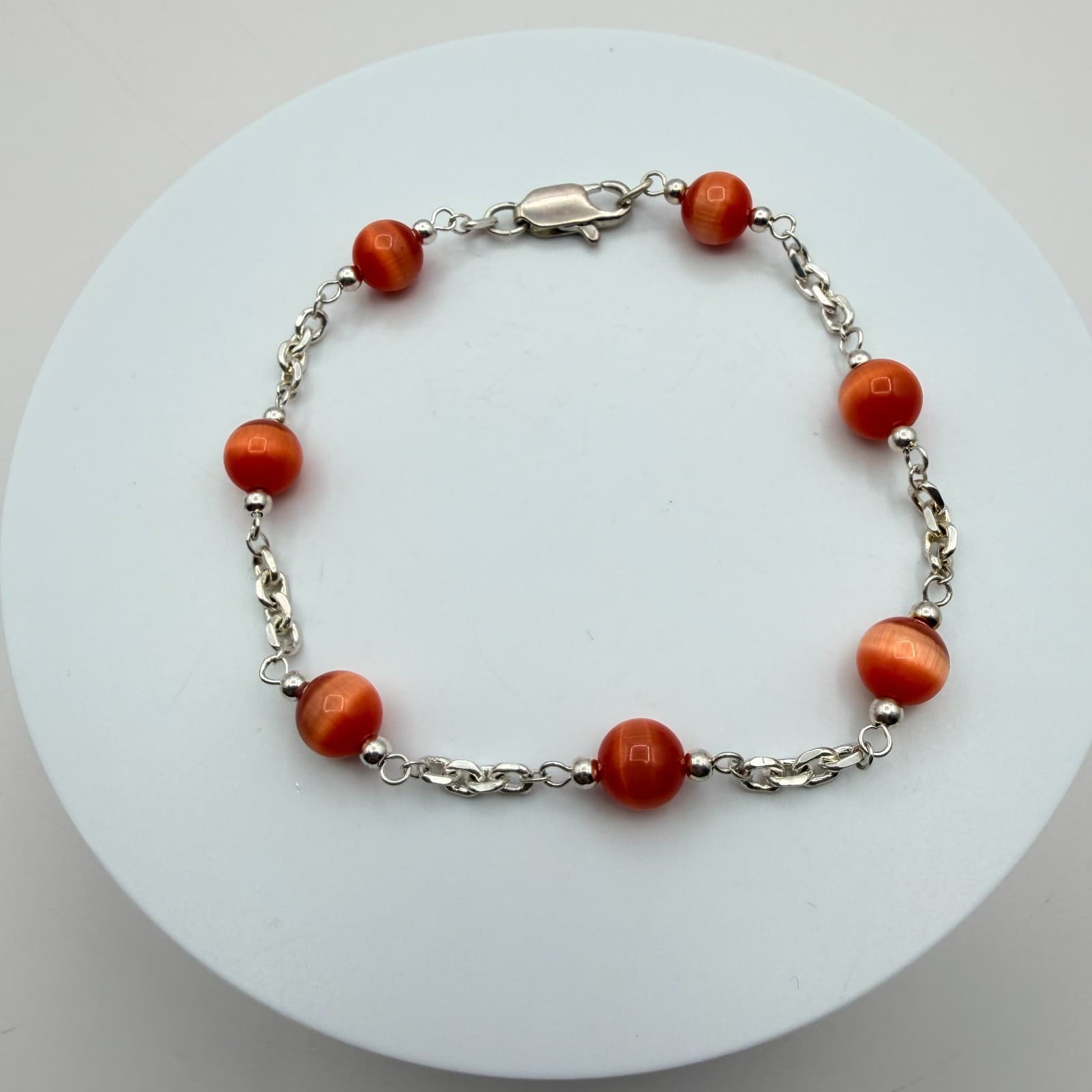 Vintage 90s Women's Silver Tone Chain Burnt Orange Bead Station Bracelet Jewelry