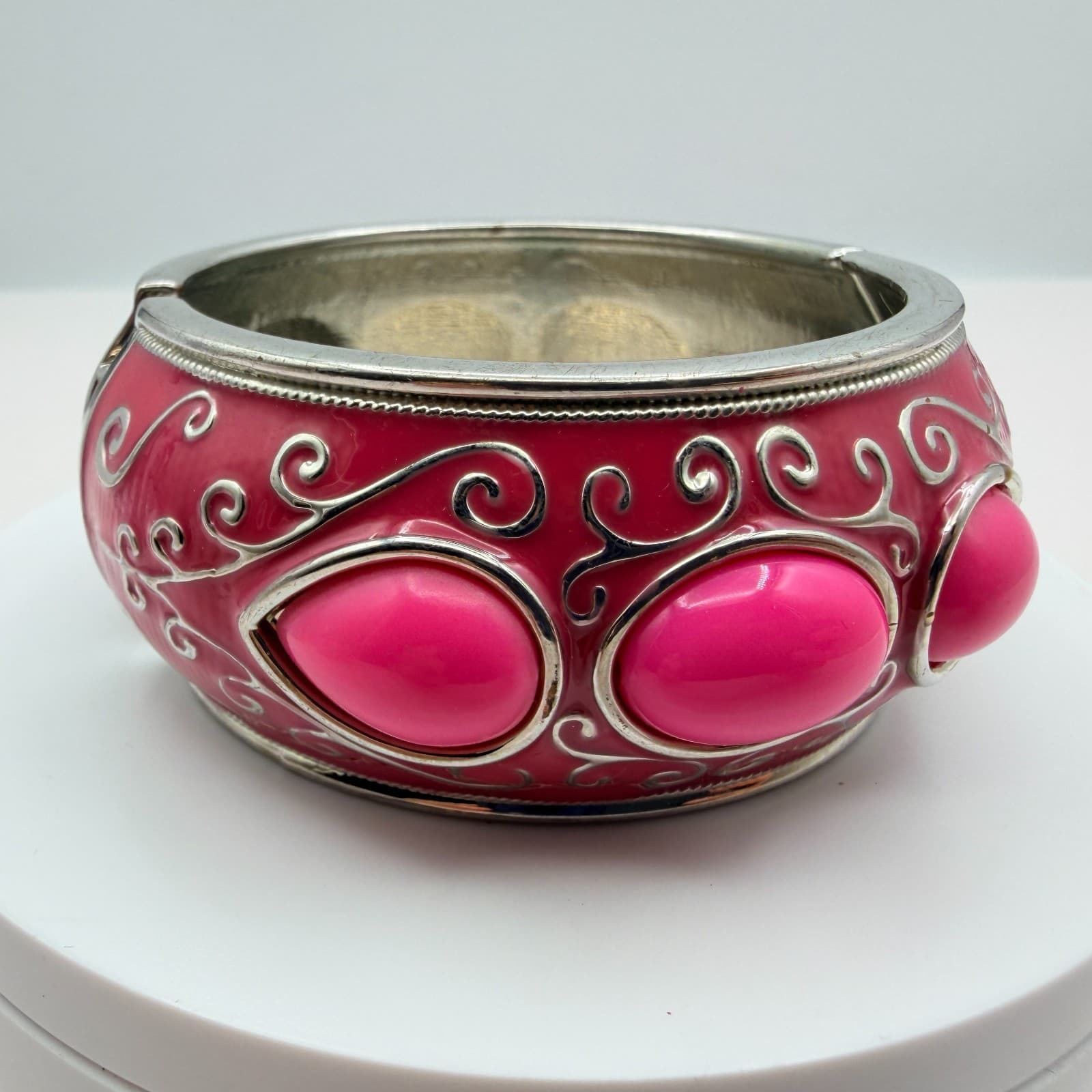 Vintage 90s Pink Enamel Cabochon Hinged Cuff Bracelet Silver Tone Jewelry
