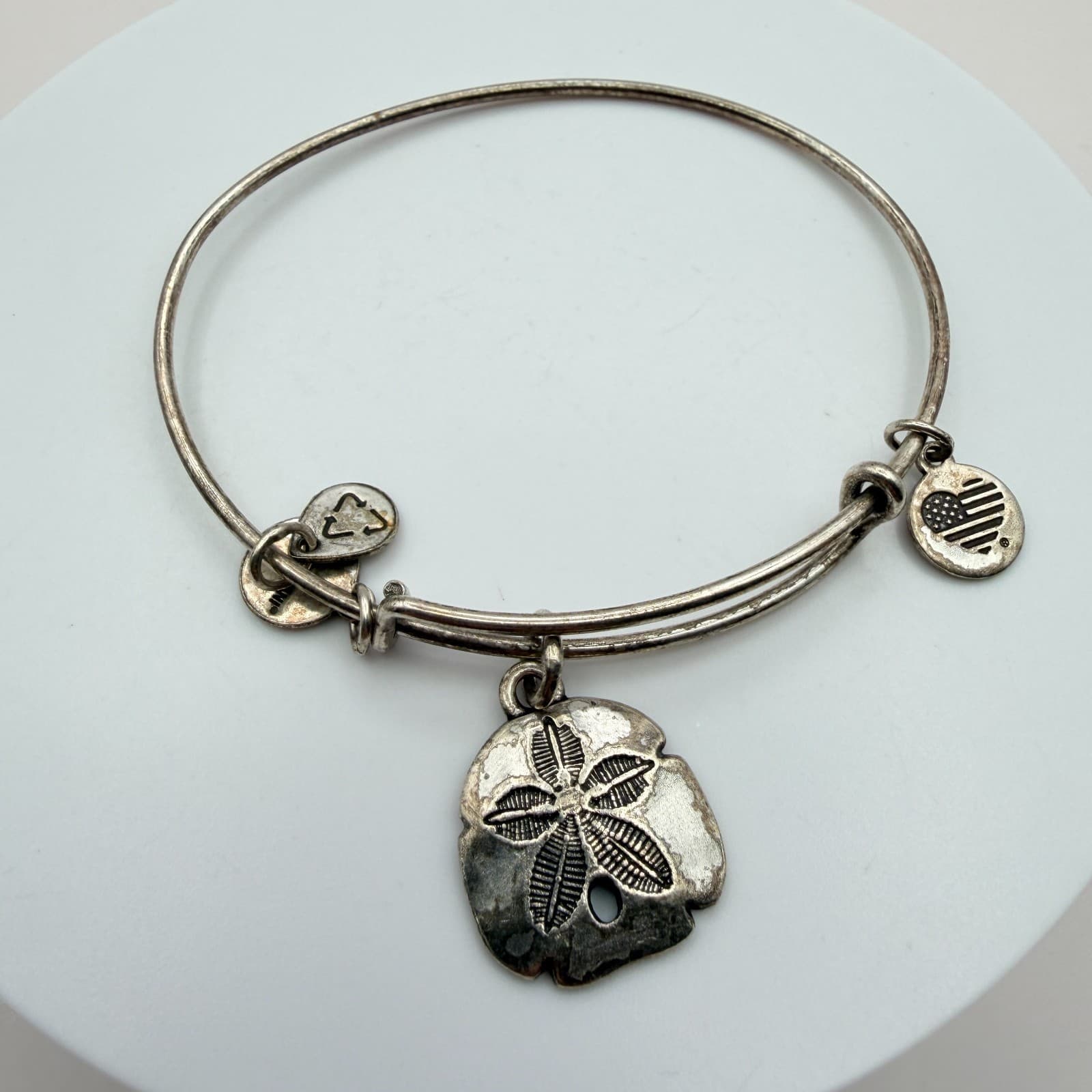 Vintage 90s Alex and Ani Sand Dollar Bangle Bracelet Silver Tone Coastal Jewelry