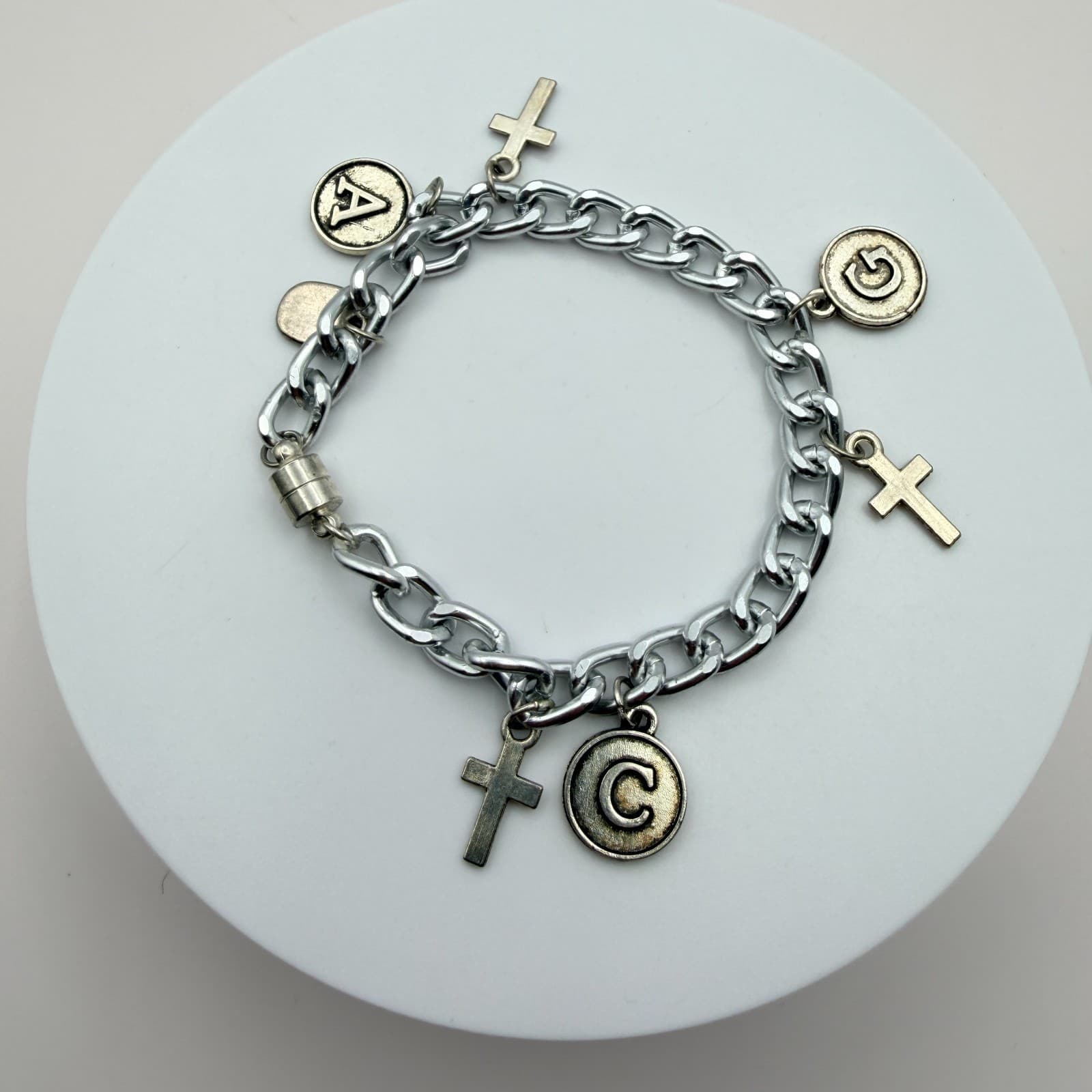 Vintage 90s Silver Tone Initial & Cross Charm Bracelet Magnetic Fashion Jewelry