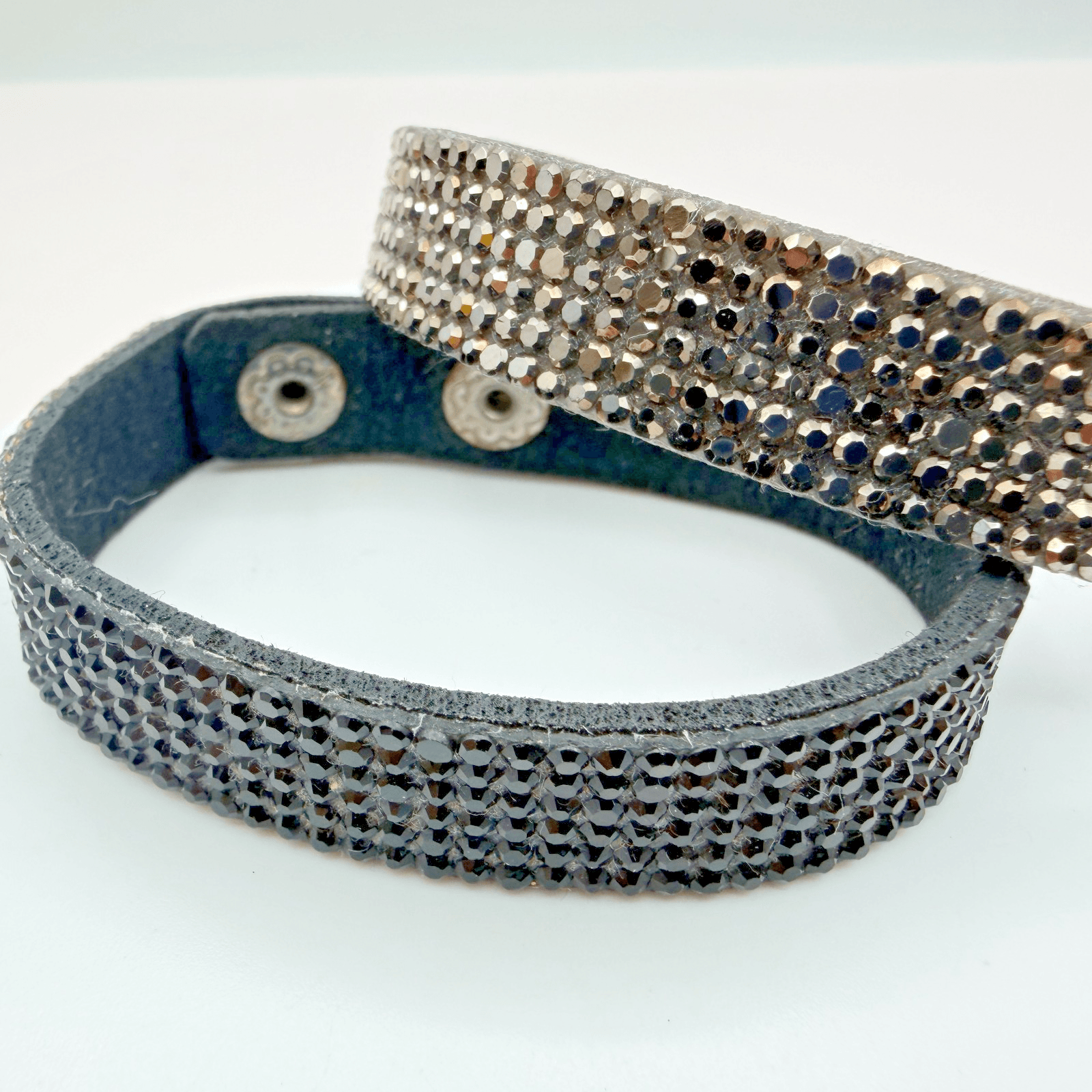 Vintage Y2K Black Silver Rhinestone Beaded Snap Cuff Bracelets Lot 2 Jewelry