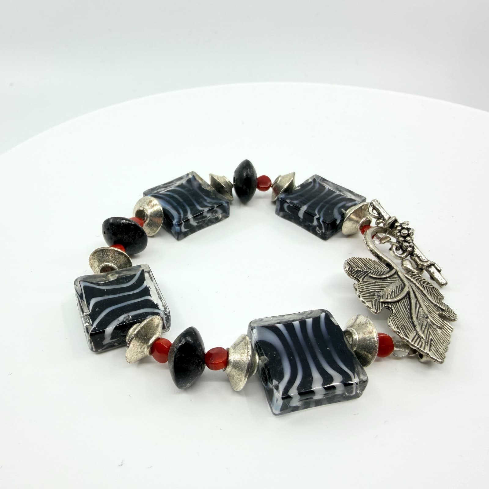 Vintage Silver Tone Black White Zebra Glass Strand Bracelet Toggle Clasp Boho