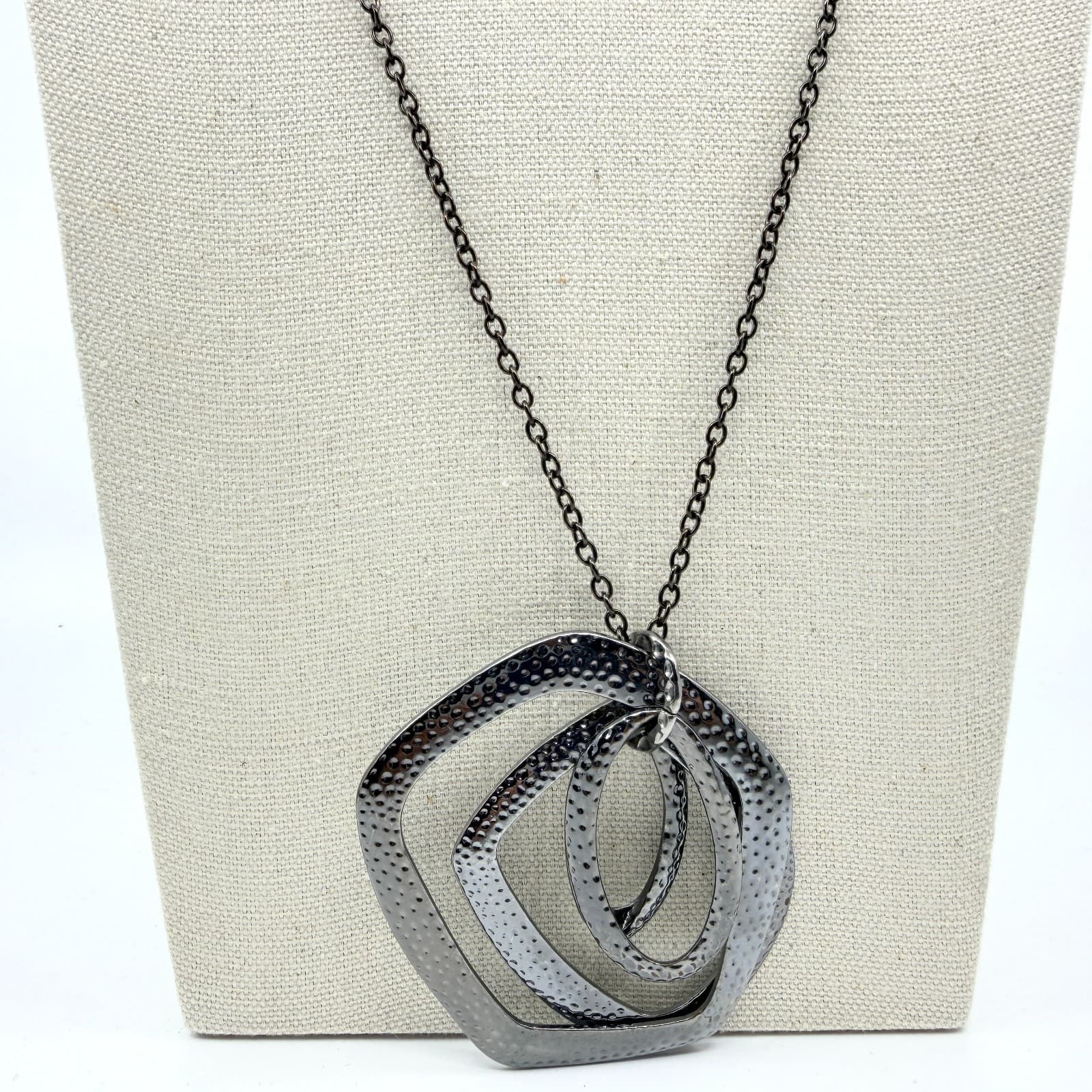 Vintage Black Gunmetal Long Pendant Necklace Hammered Geometric Open Hoop Boho