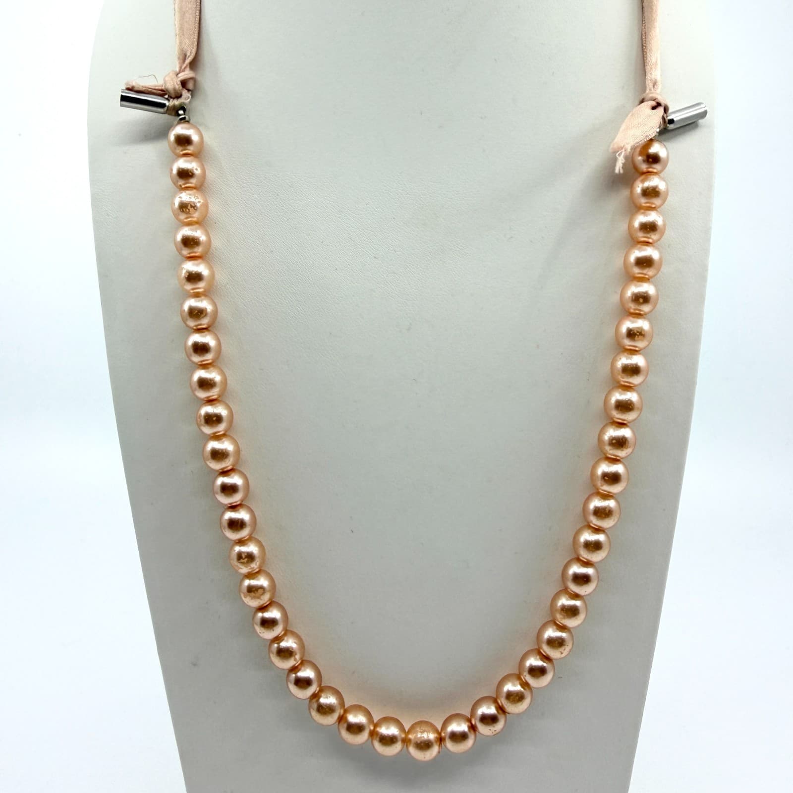 Vintage Rose Gold Tone Faux Pearl Necklace Ribbon Tie Minimalist Simple Pink 90s
