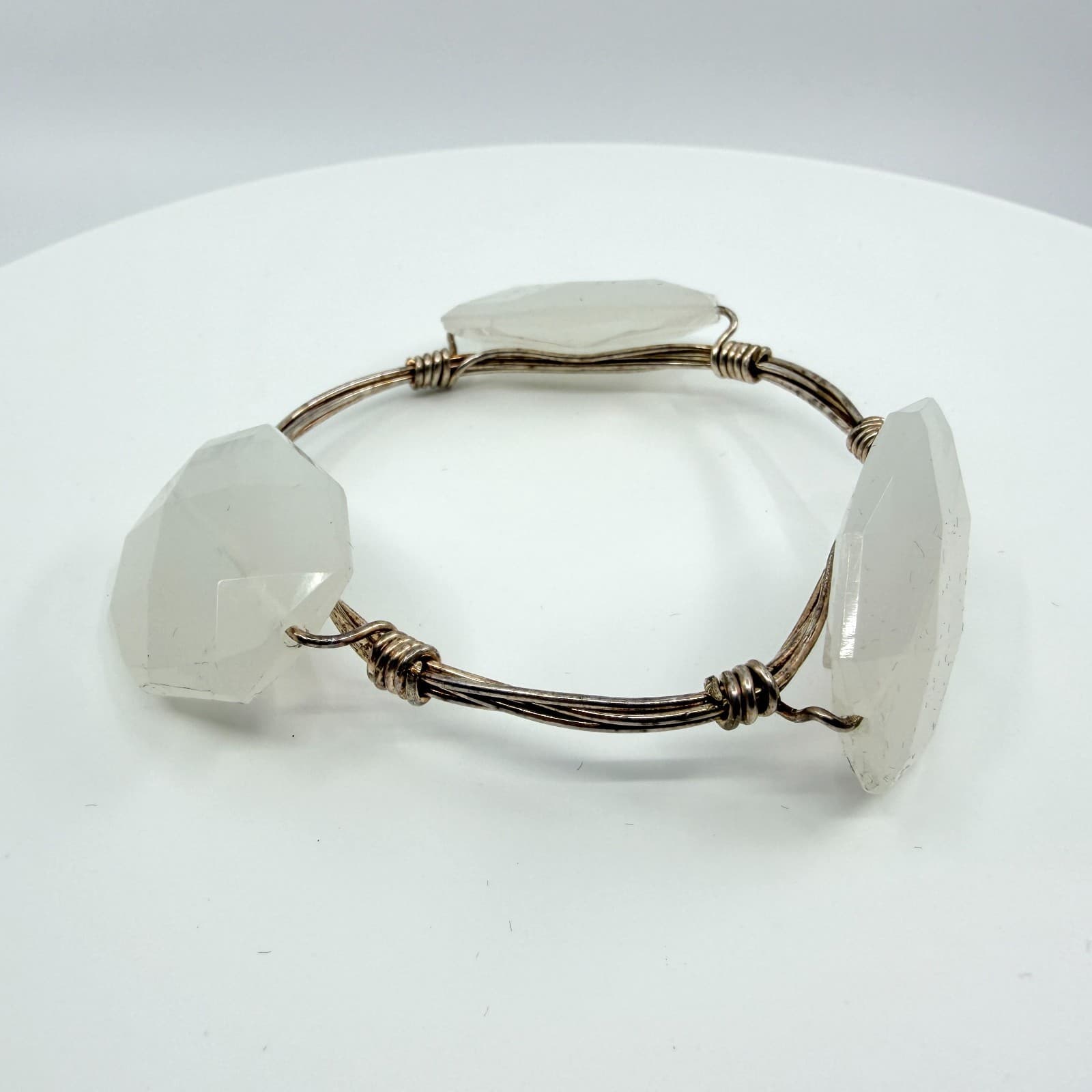 Vintage Silver Tone Wire Wrapped Bangle Bracelet Clear Faux Stone Chunky Boho