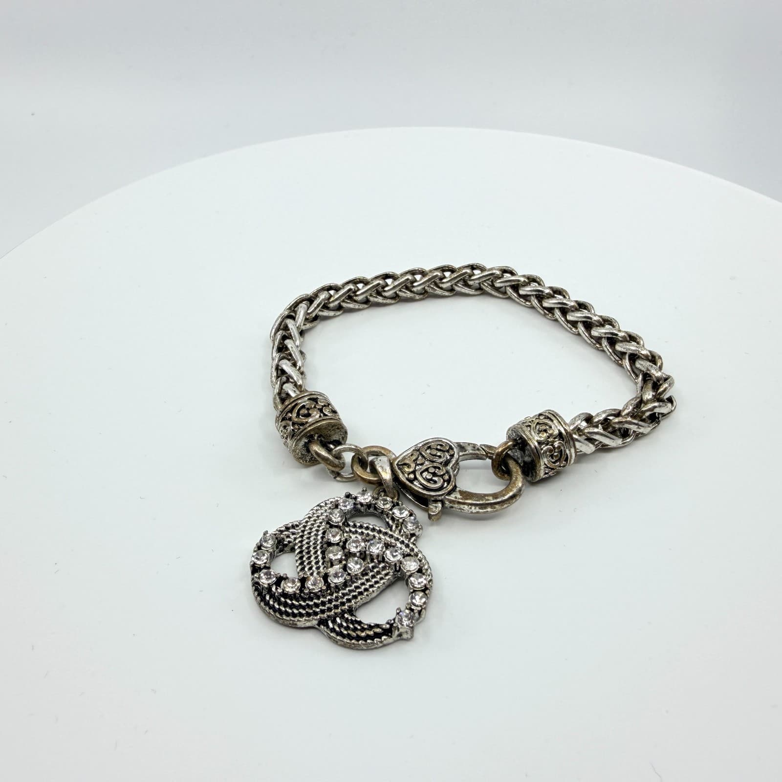 Vintage Silver Tone Rhinestone Interlocking Loop Charm Bracelet Chain Heart 90s