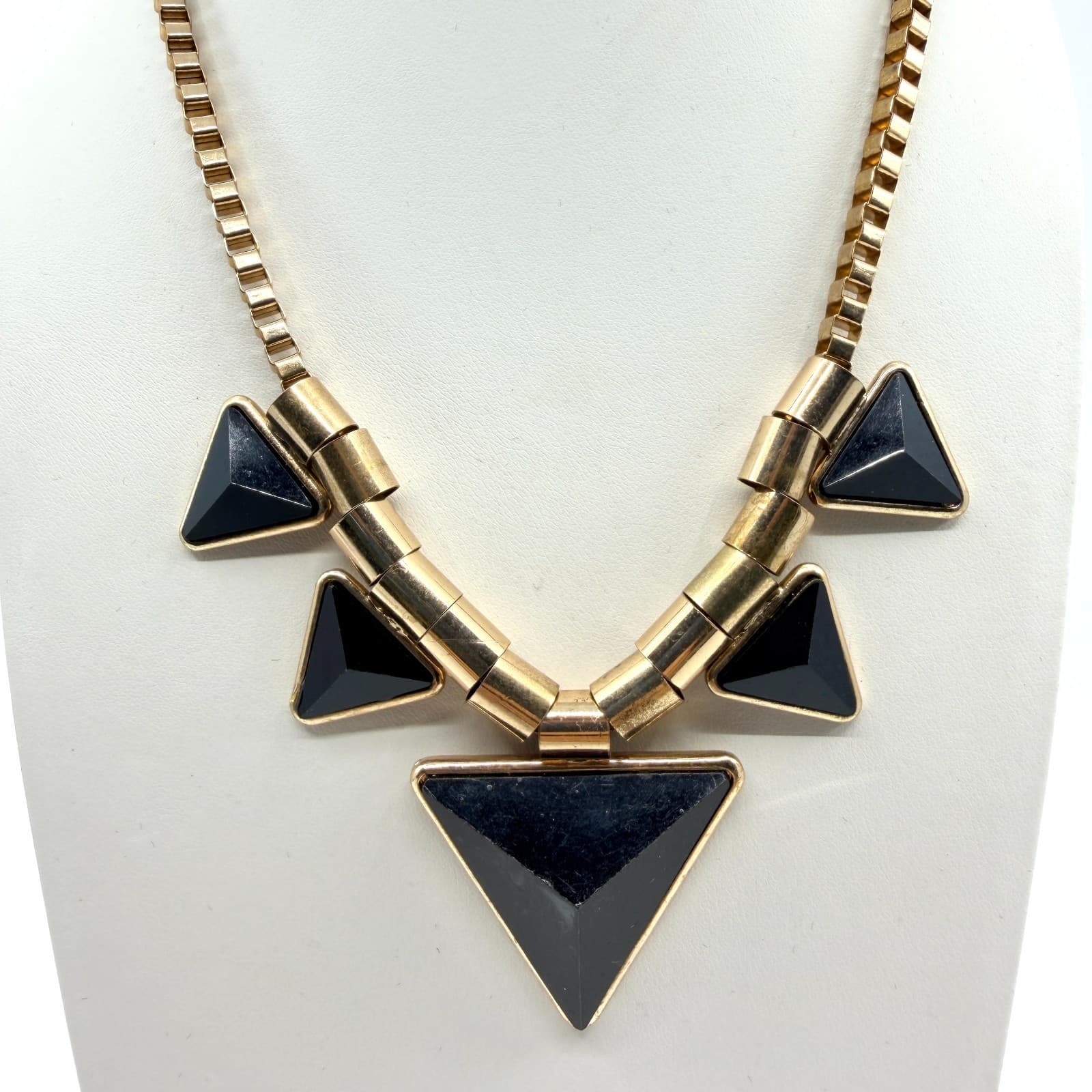 Vintage Gold Tone Geometric Triangle Necklace Chunky Statement Black Faux Stone