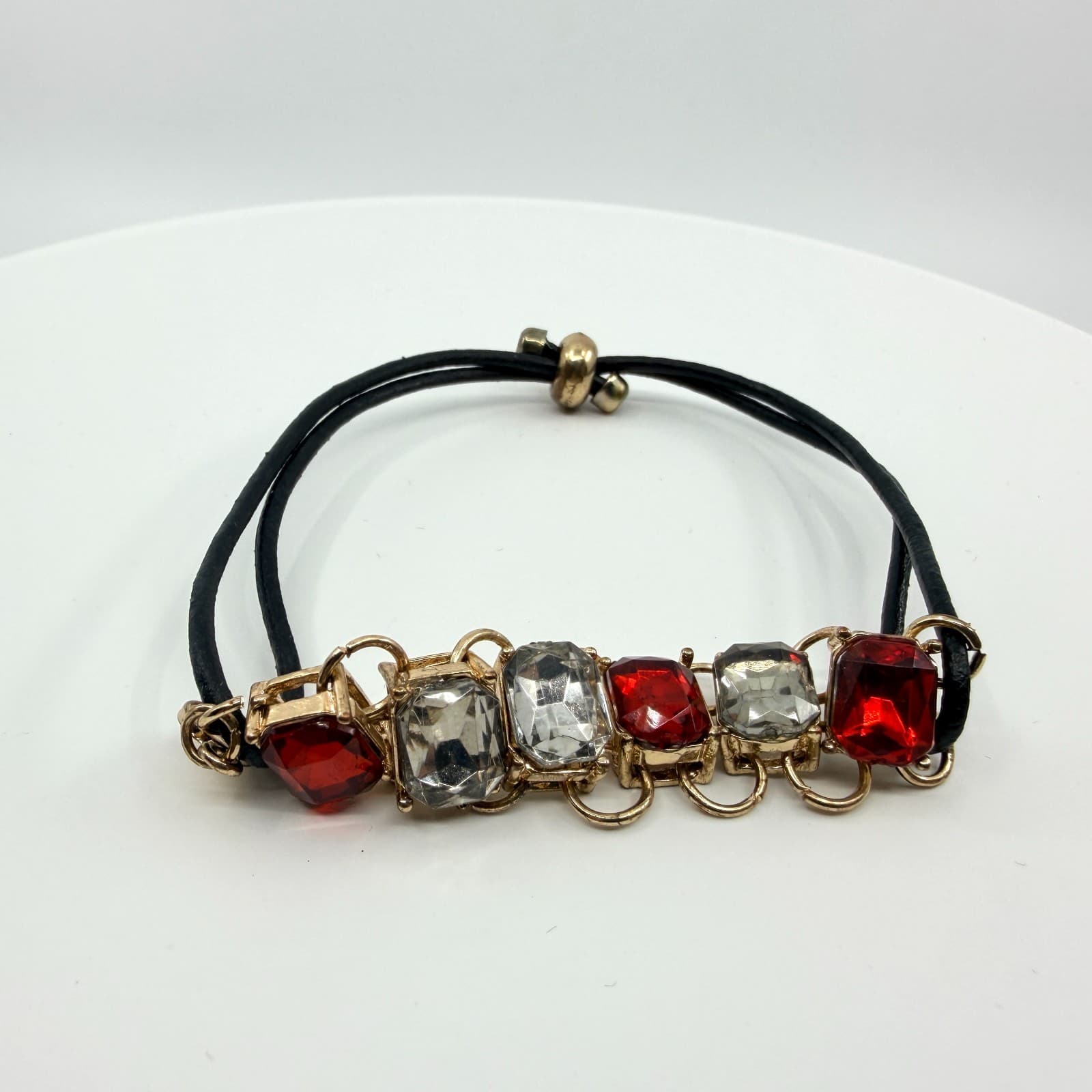 Vintage Gold Tone Red Clear Rhinestone Slider Bracelet Black Cord Statement Boho