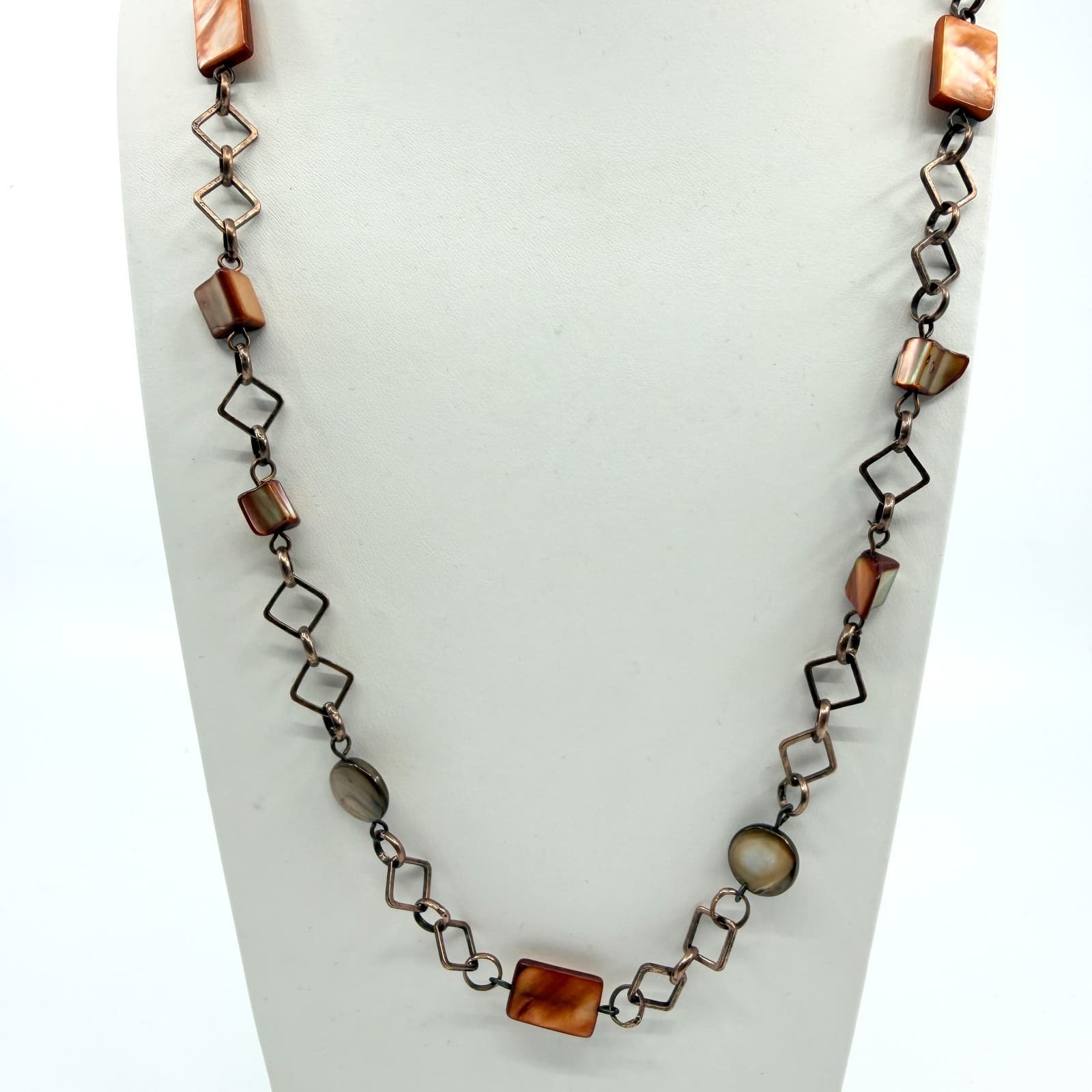 Vintage Copper Tone Chain Necklace Long Geometric Faux Shell Brown Boho Retro