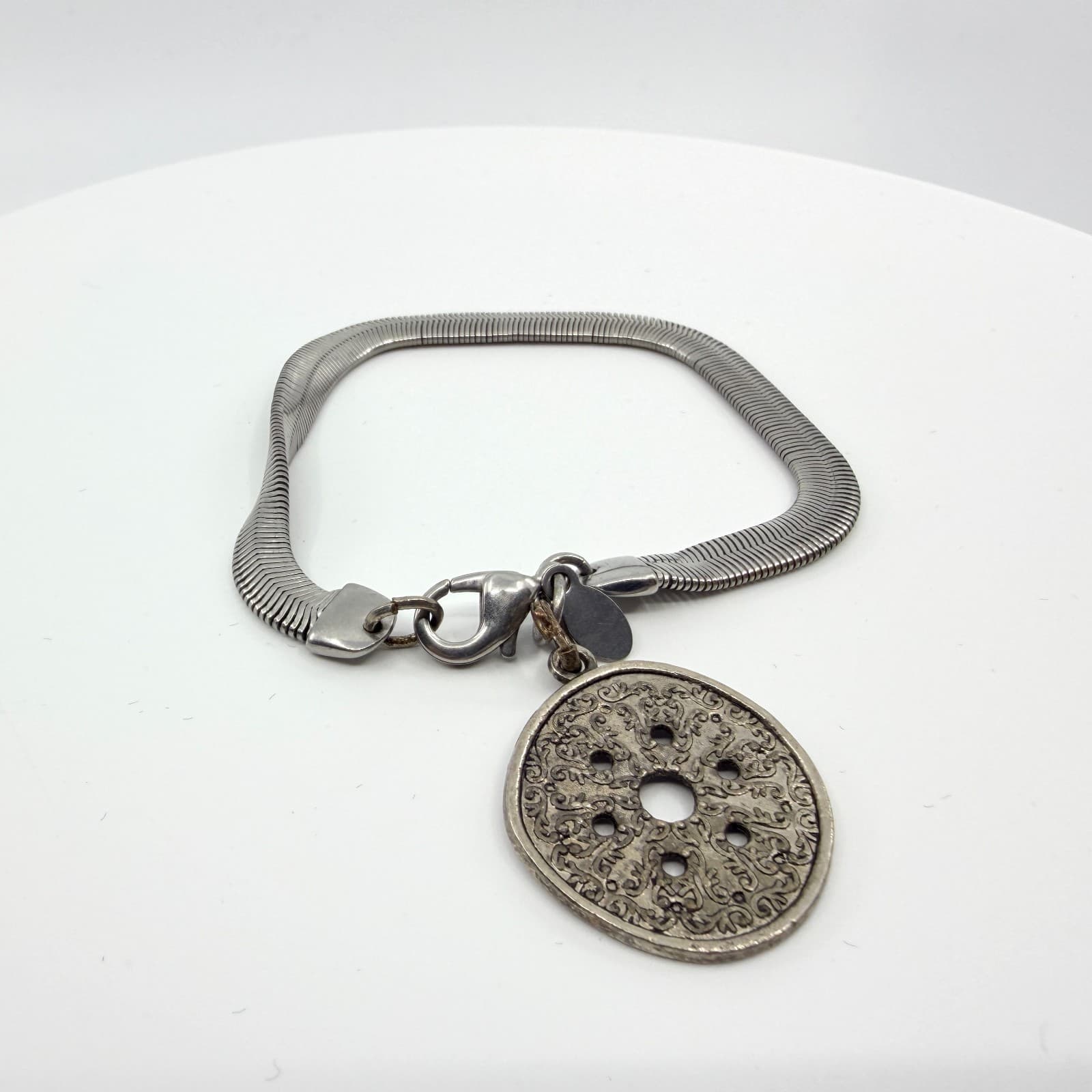 Vintage Silver Tone Herringbone Chain Bracelet Filigree Medallion Charm Coin 90s