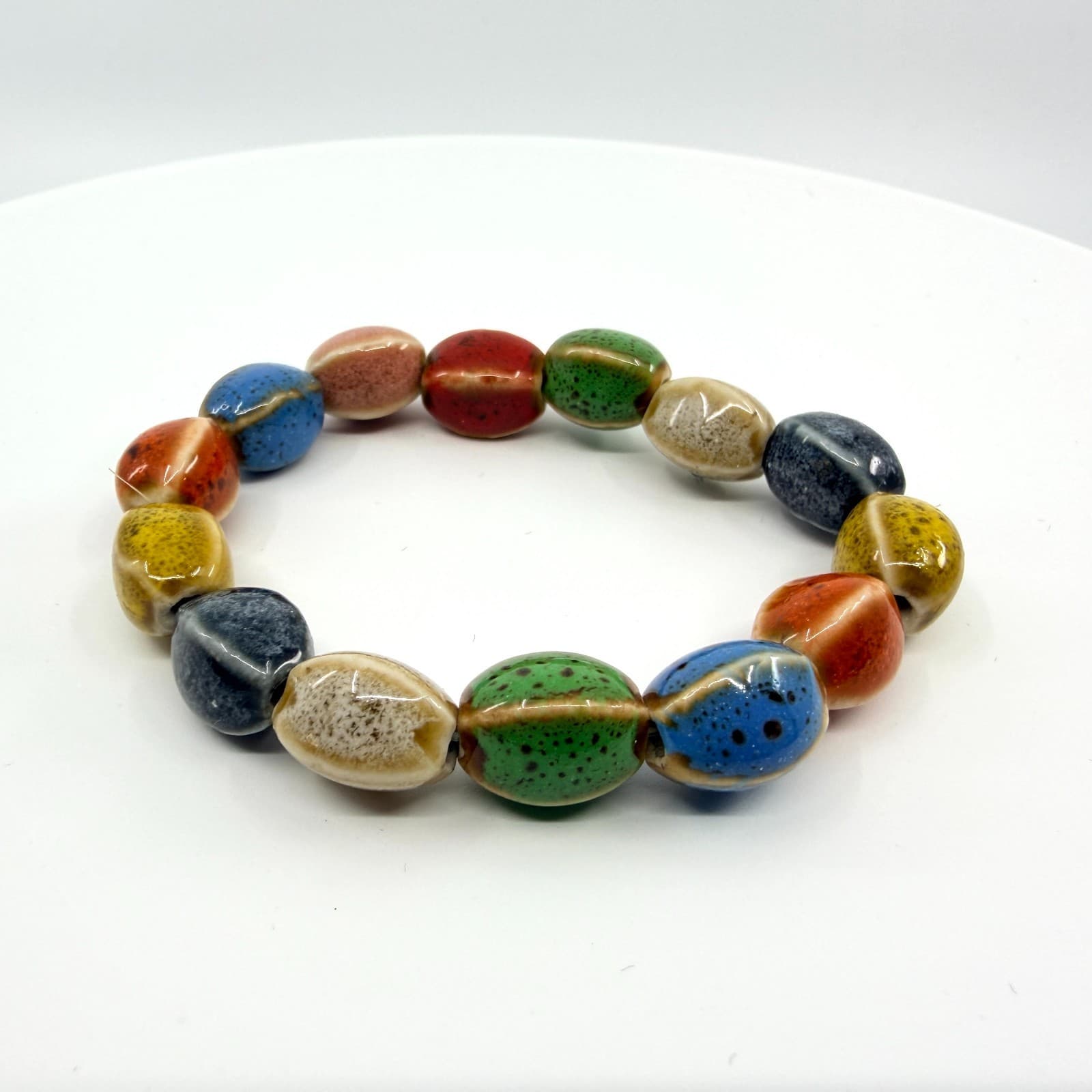 Vintage Multicolor Glazed Ceramic Bead Stretch Bracelet Speckled Boho Retro 90s