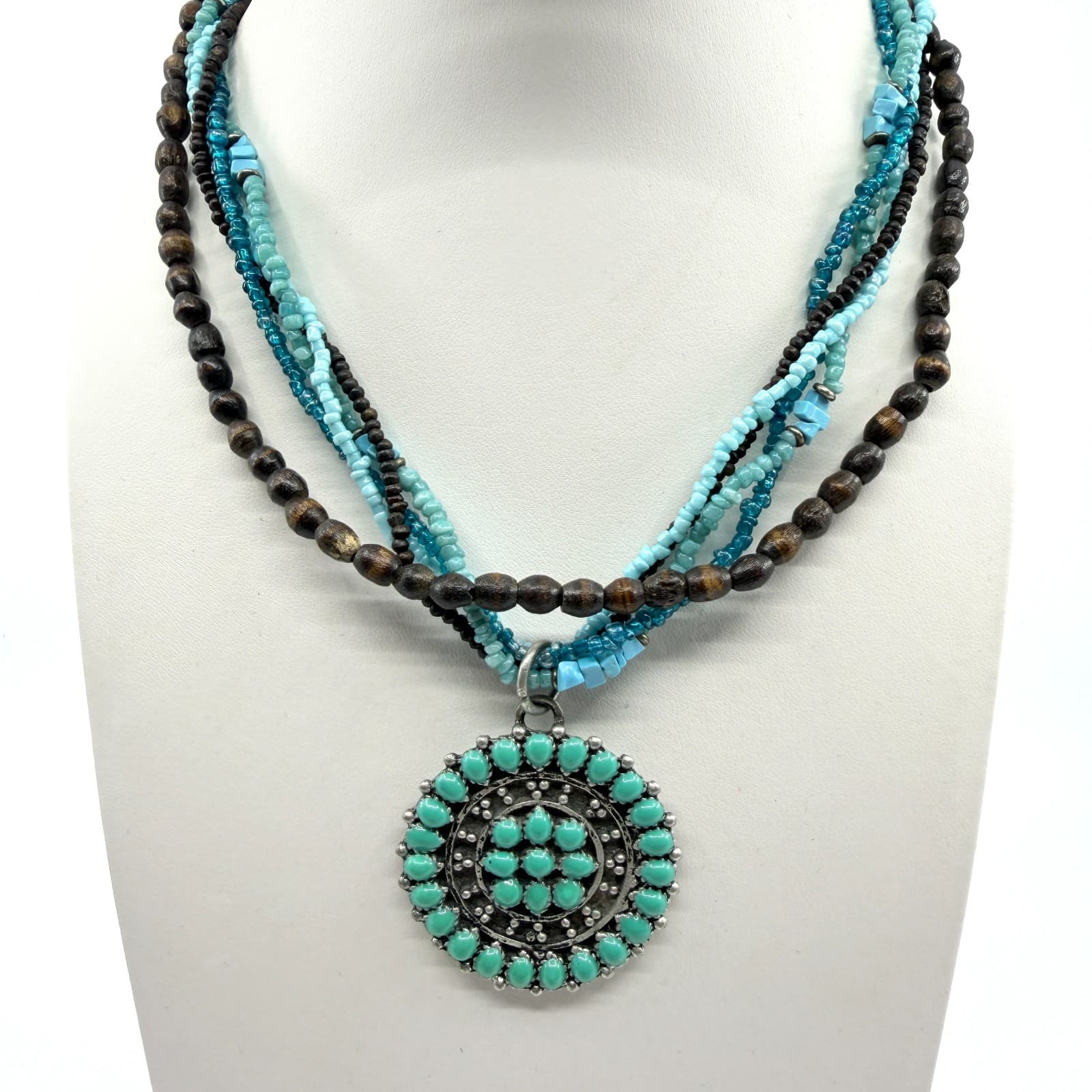 Vintage Southwestern Multi Strand Necklace Turquoise Tone Wood Seed Bead Concho
