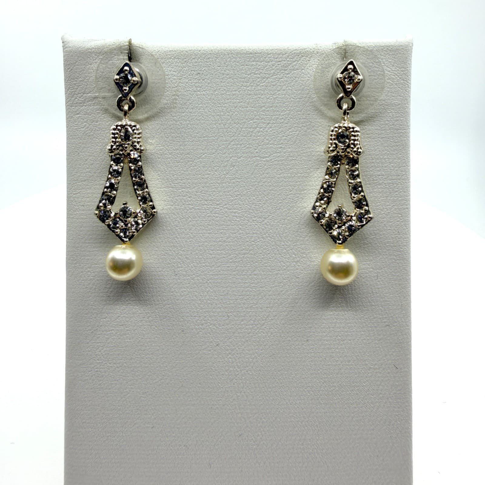 Silver Tone Faux Pearl Dangle Drop Earrings Rhinestone Art Deco Style Retro Boho