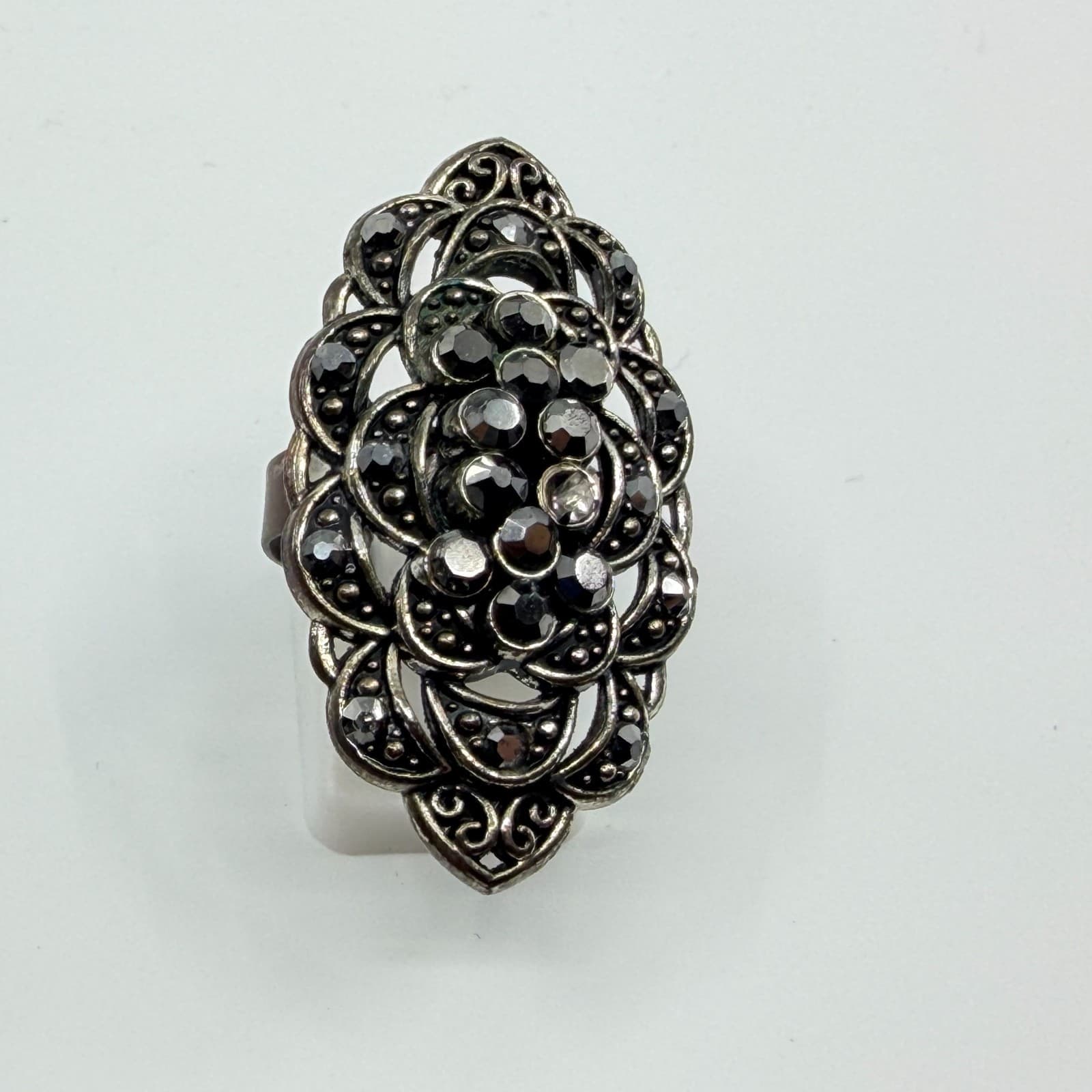 Vintage Silver Tone Black Rhinestone Statement Ring Marquise Shield Adjustable