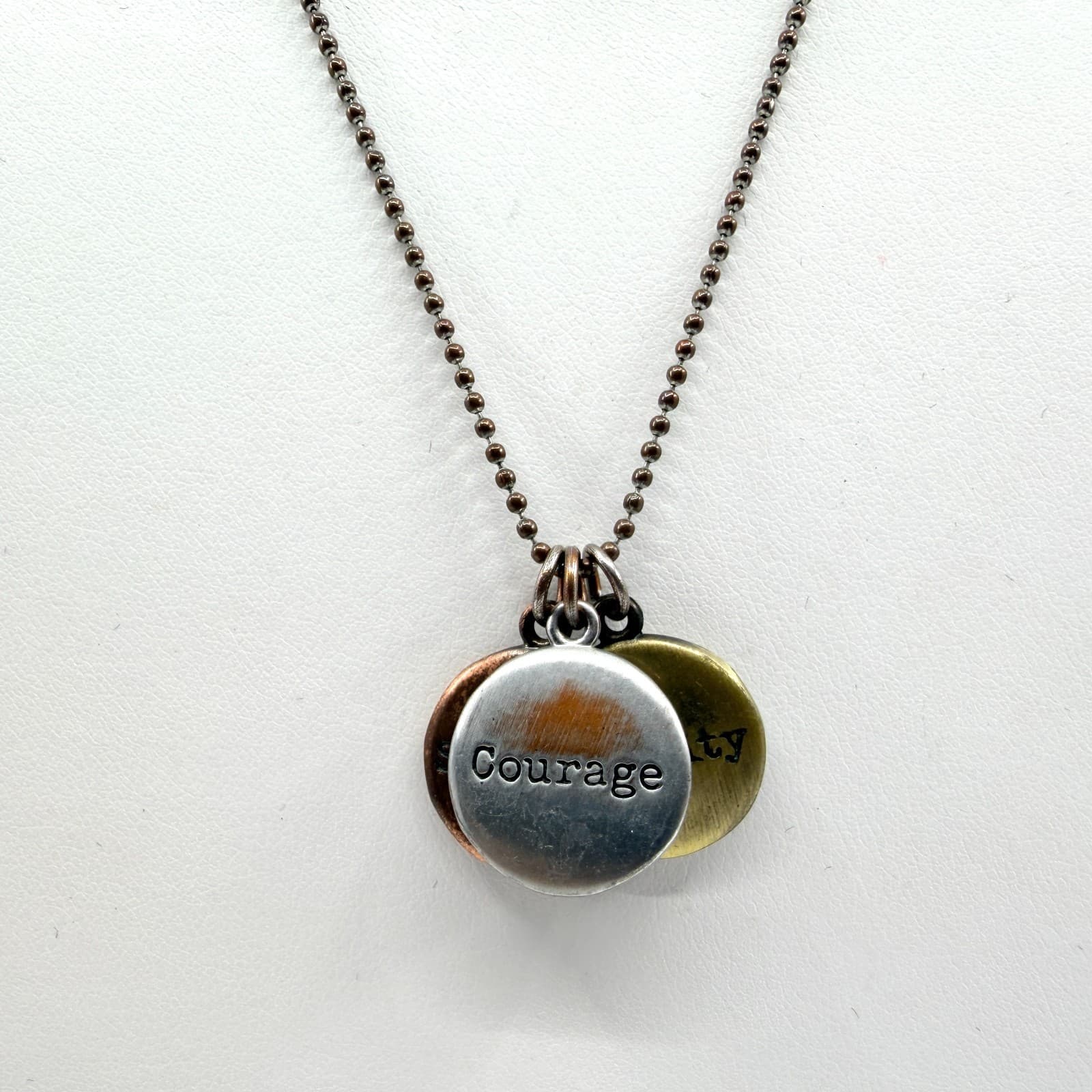 Vintage Mixed Metal Stamped Disc Necklace Courage Serenity Wisdom Retro Boho 90s