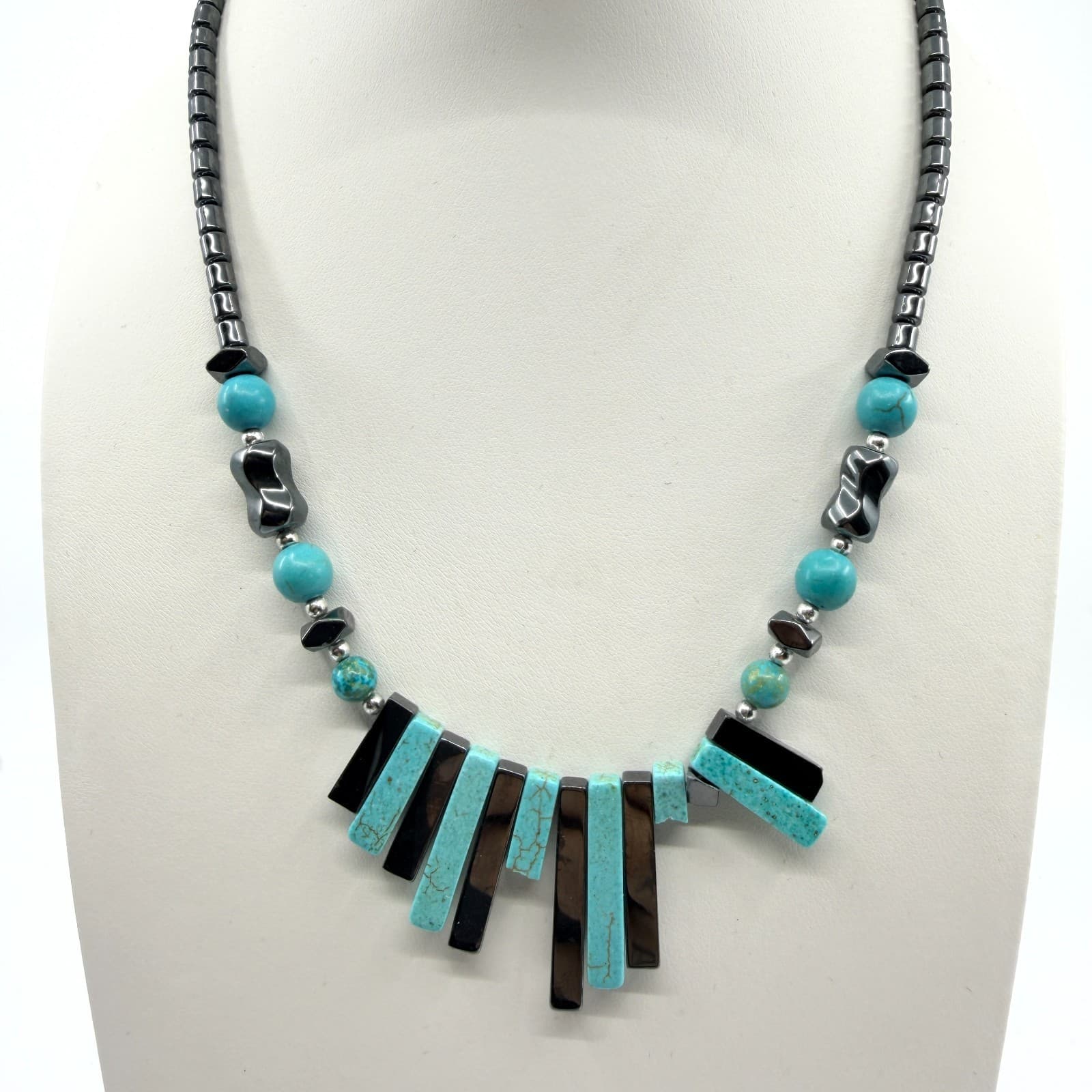 Vintage Southwestern Piano Key Necklace Turquoise Tone Hematite Bar Statement