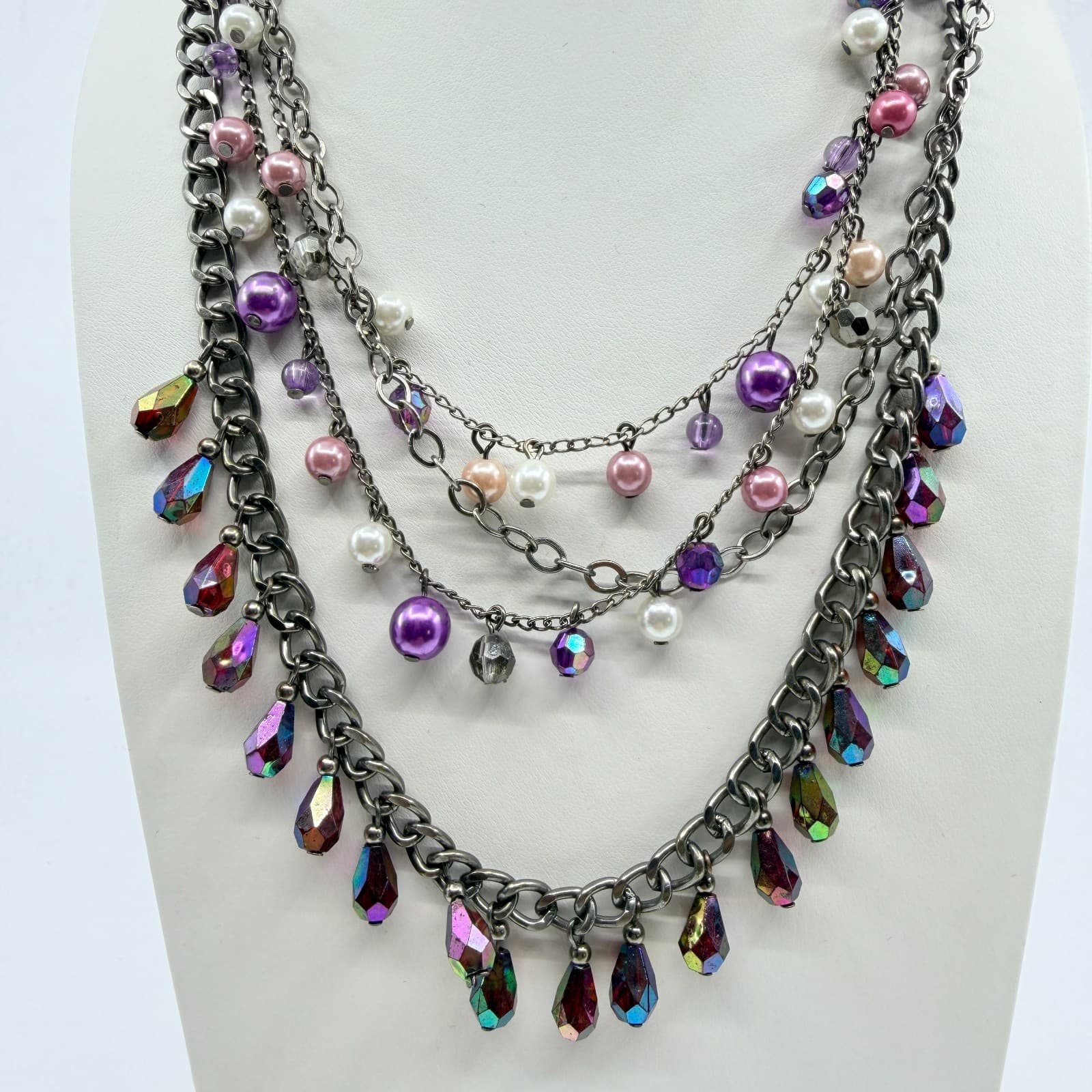 Y2K Multi Strand Layered Statement Necklace Purple Faux Pearl AB Crystal Charm
