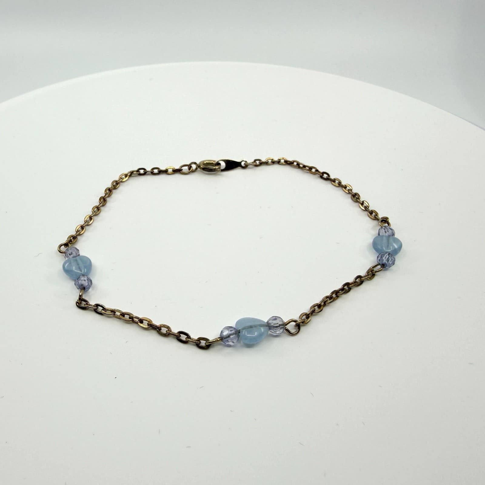 Vintage Gold Tone Chain Bracelet Light Blue Heart Bead Faceted Crystal Boho 90s