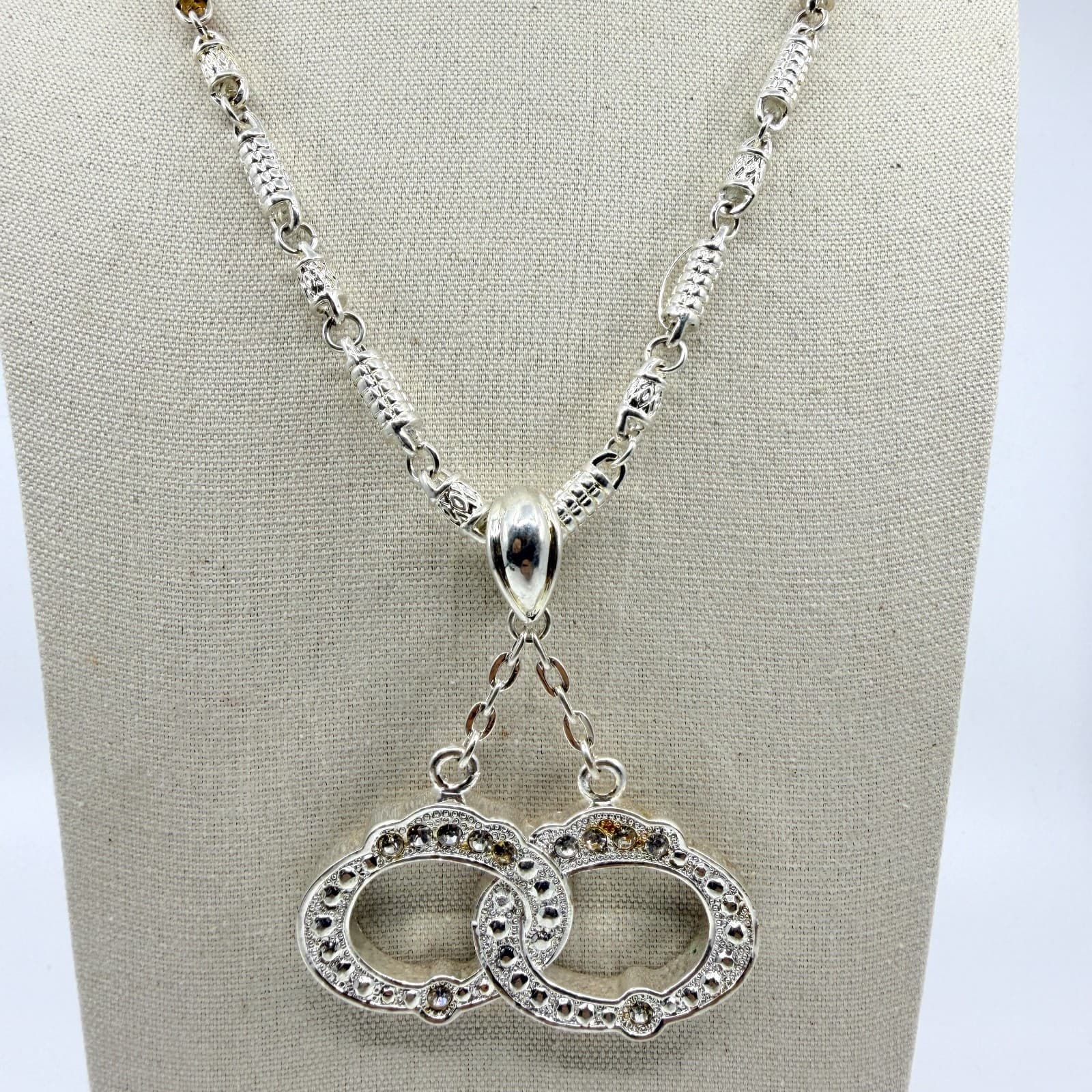 Silver Tone Interlocking Double Oval Pendant Necklace Rhinestone Minimalist Boho